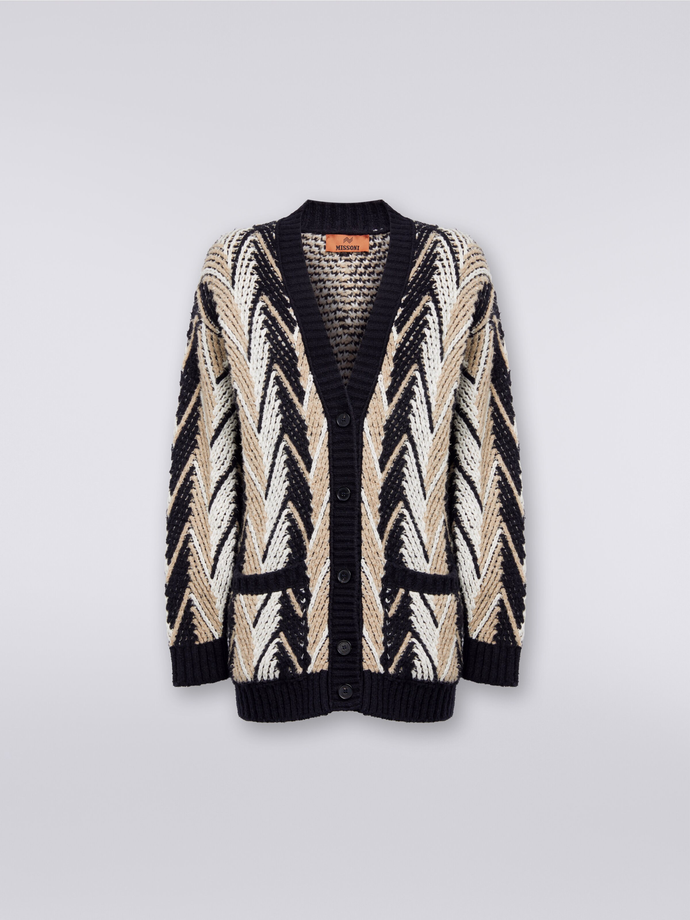 Zigzag cotton blend cardigan, White, Black & Beige - 0