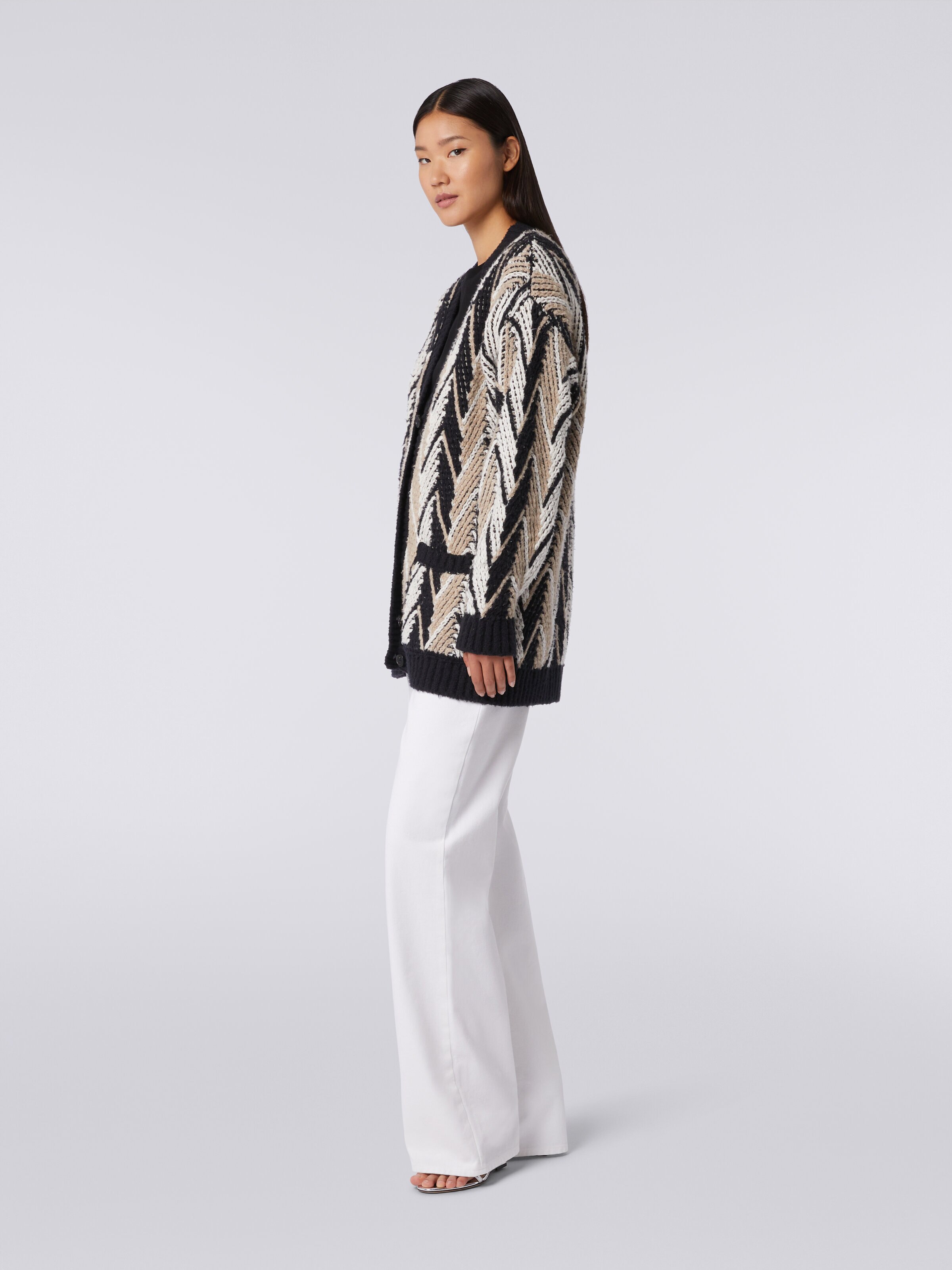 Zigzag cotton blend cardigan, White, Black & Beige - 2