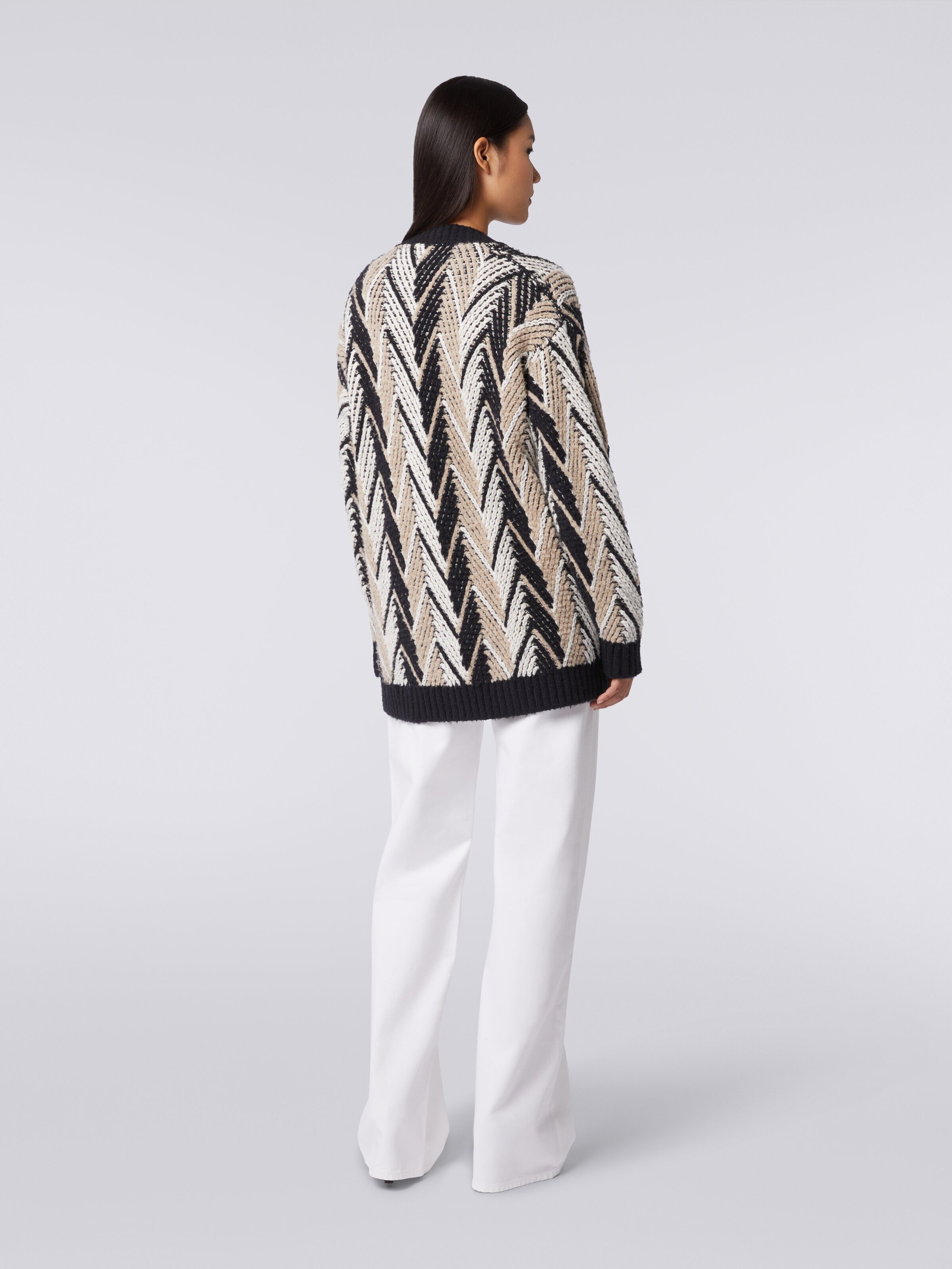 Zigzag cotton blend cardigan, White, Black & Beige - 3