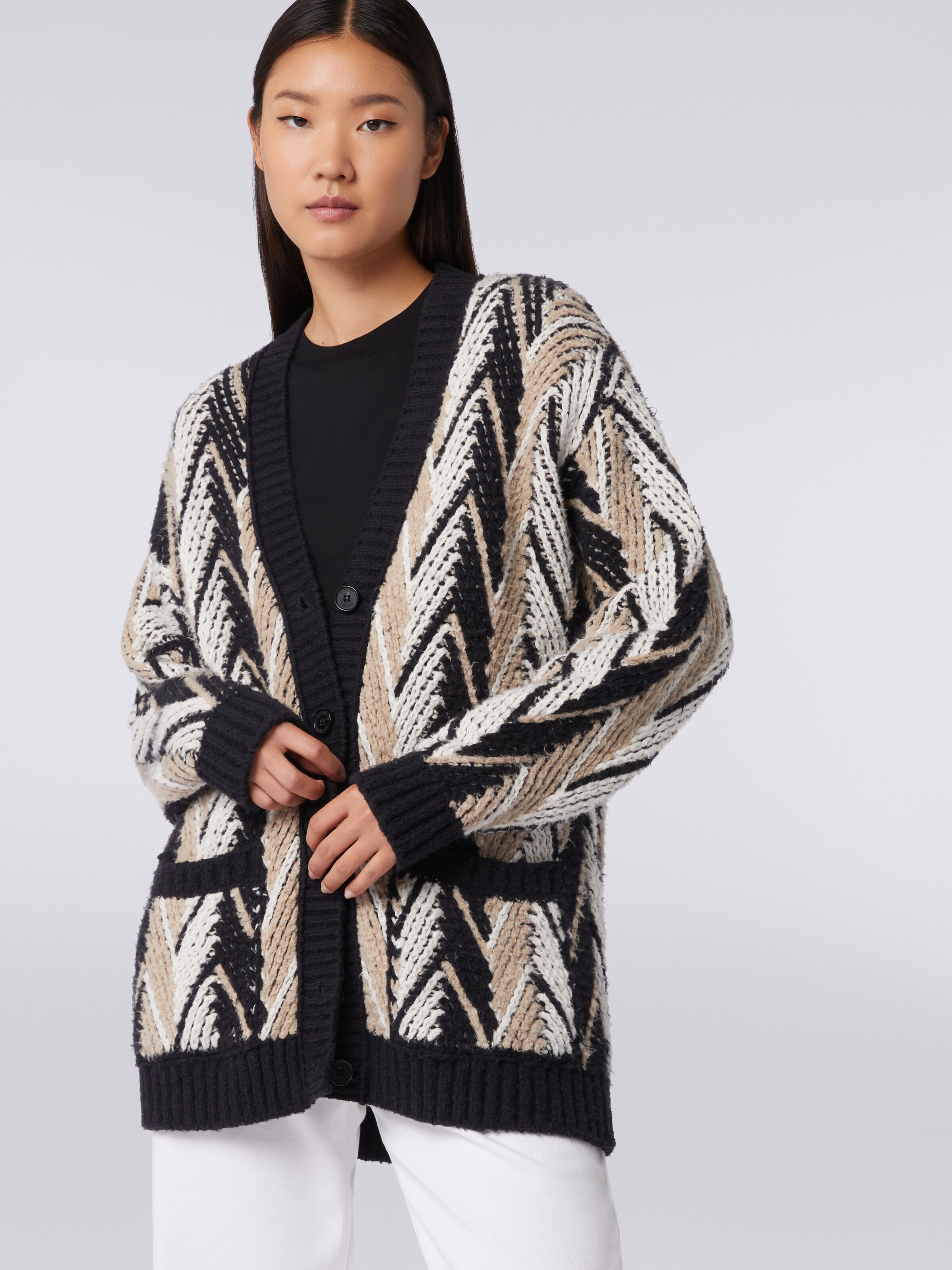 Zigzag cotton blend cardigan, White, Black & Beige - 4