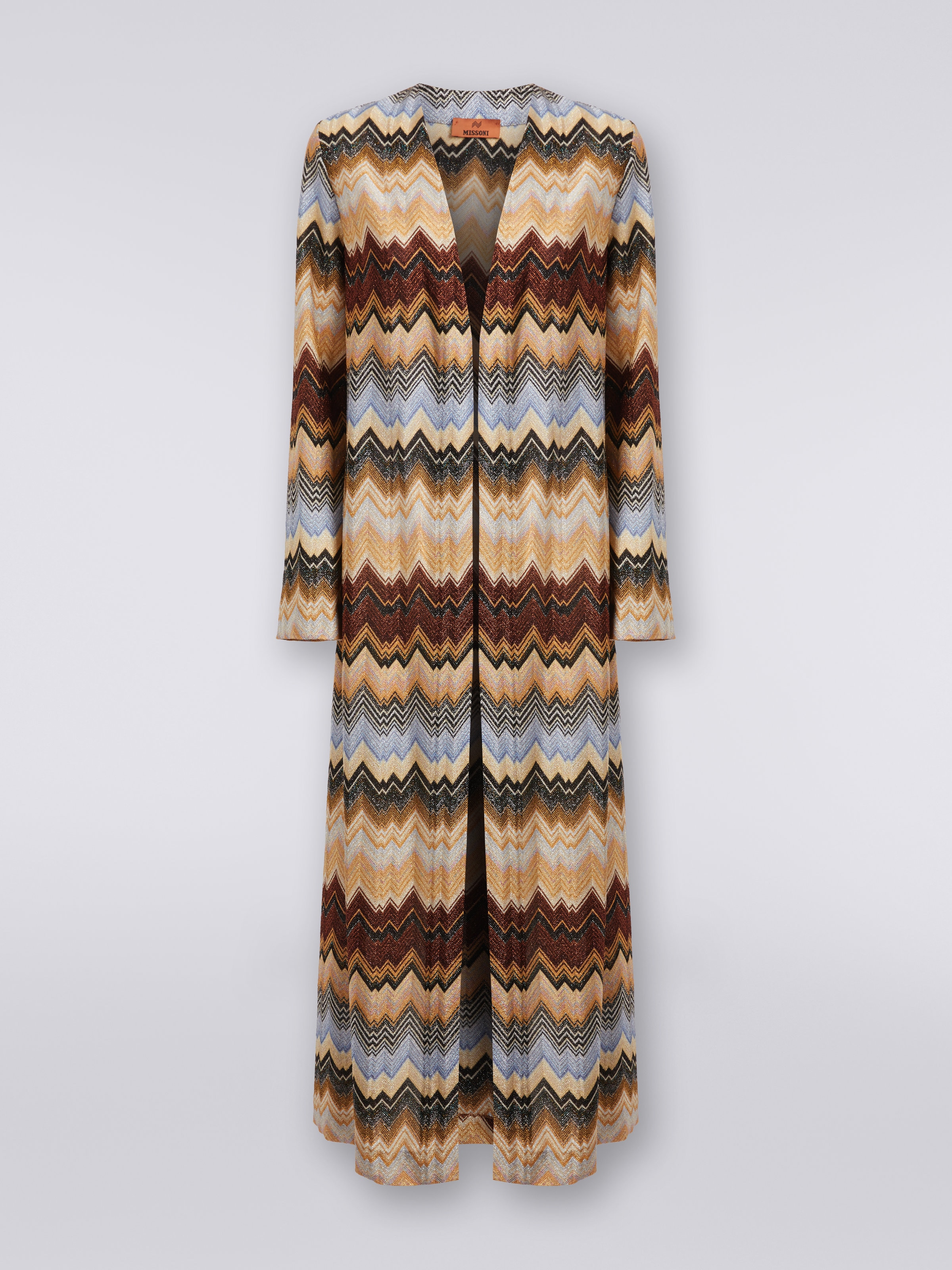 Long zigzag viscose pleated cardigan with lurex, Multicoloured  - 0
