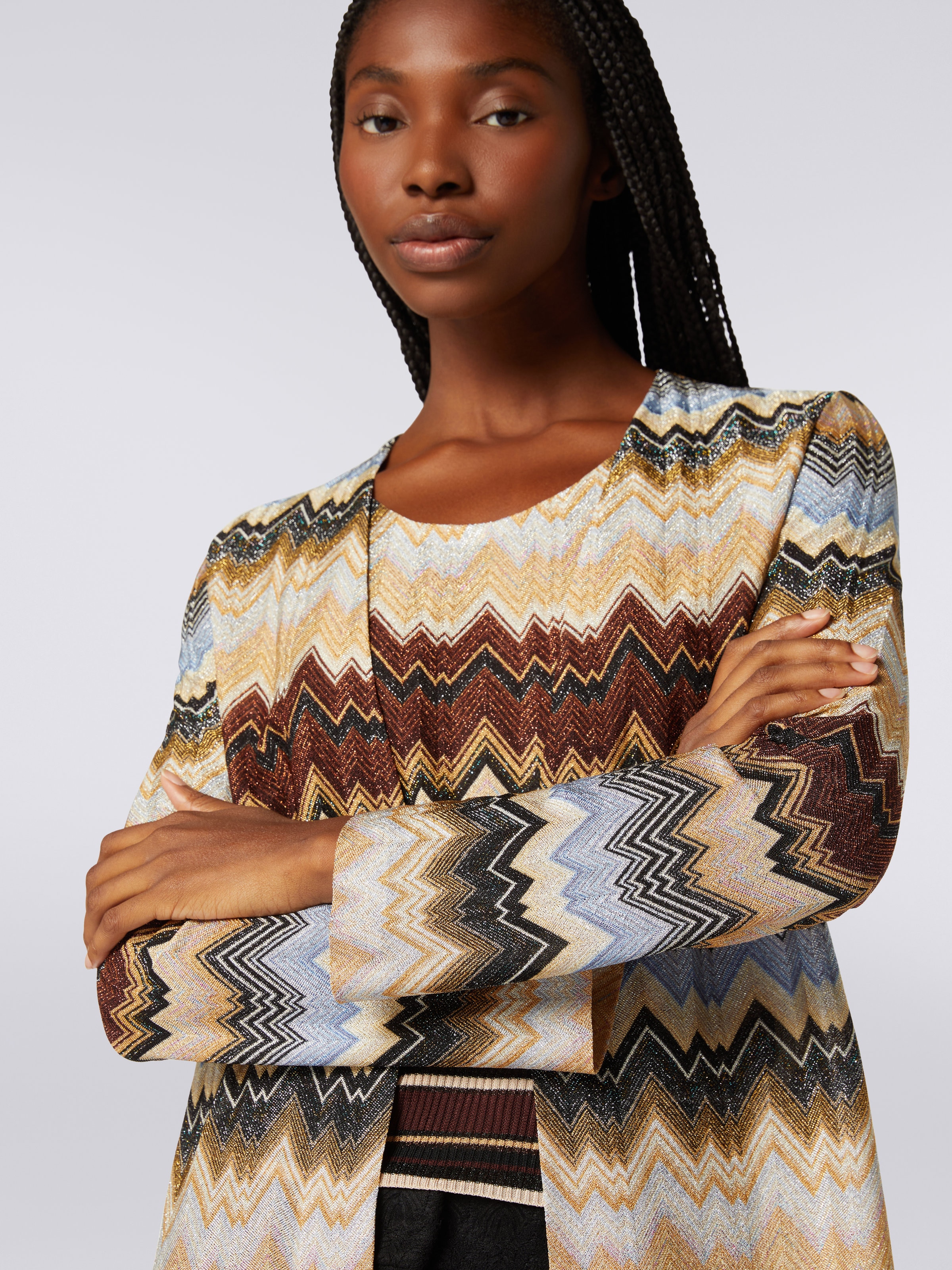 Long zigzag viscose pleated cardigan with lurex, Multicoloured  - 4