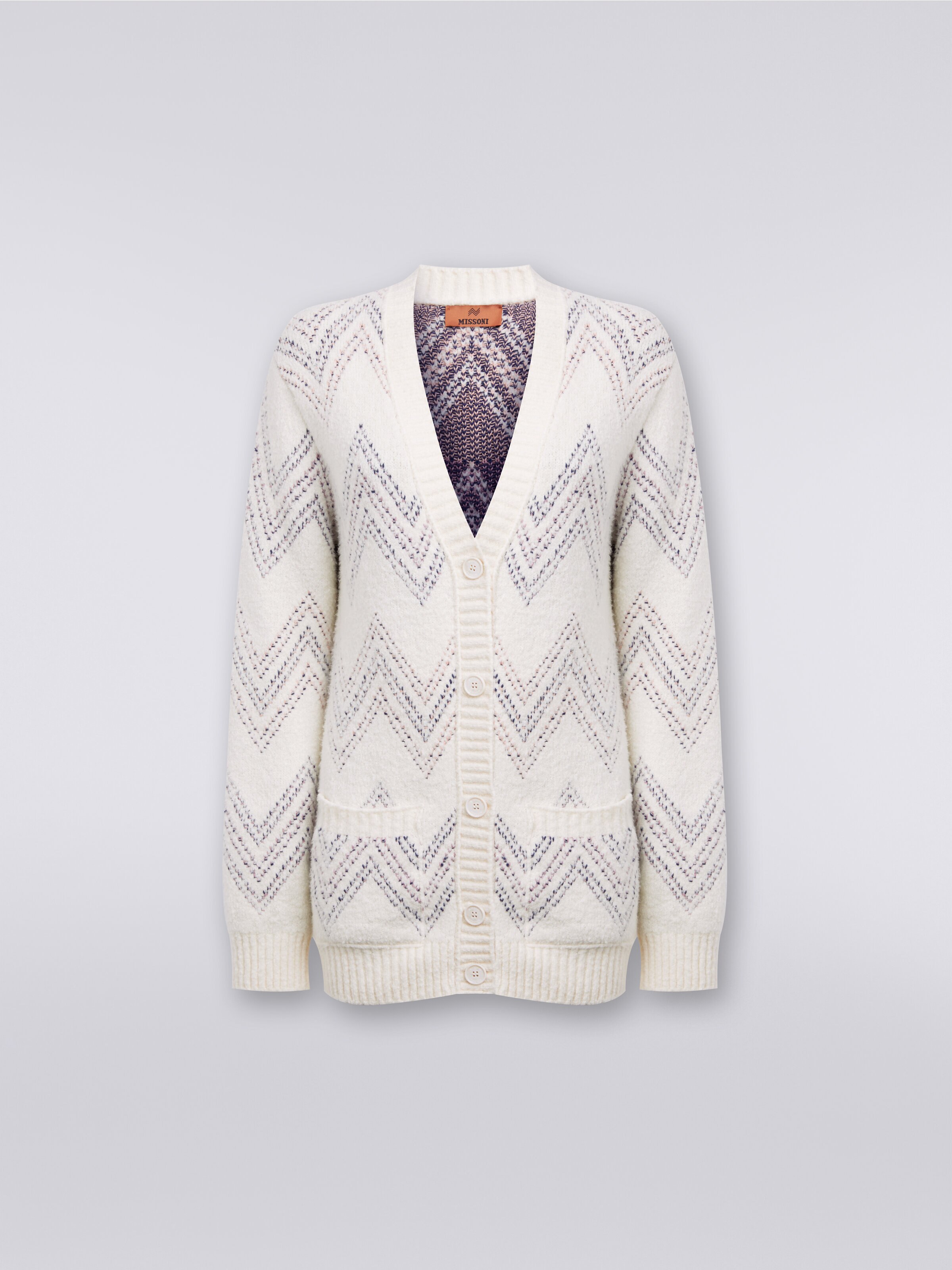 Oversized cardigan in zigzag cotton blend, Beige - 0