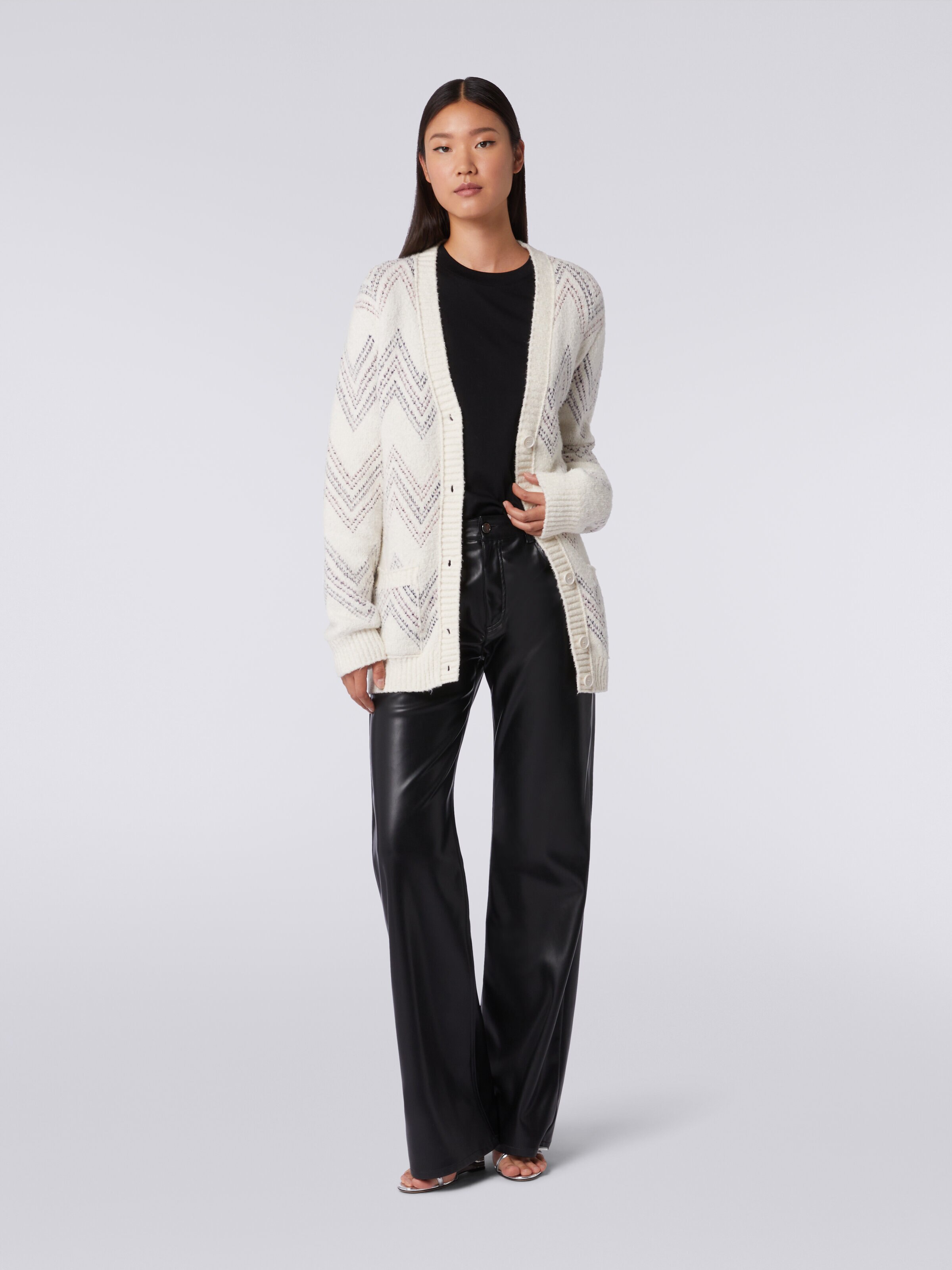 Oversized cardigan in zigzag cotton blend, Beige - 1