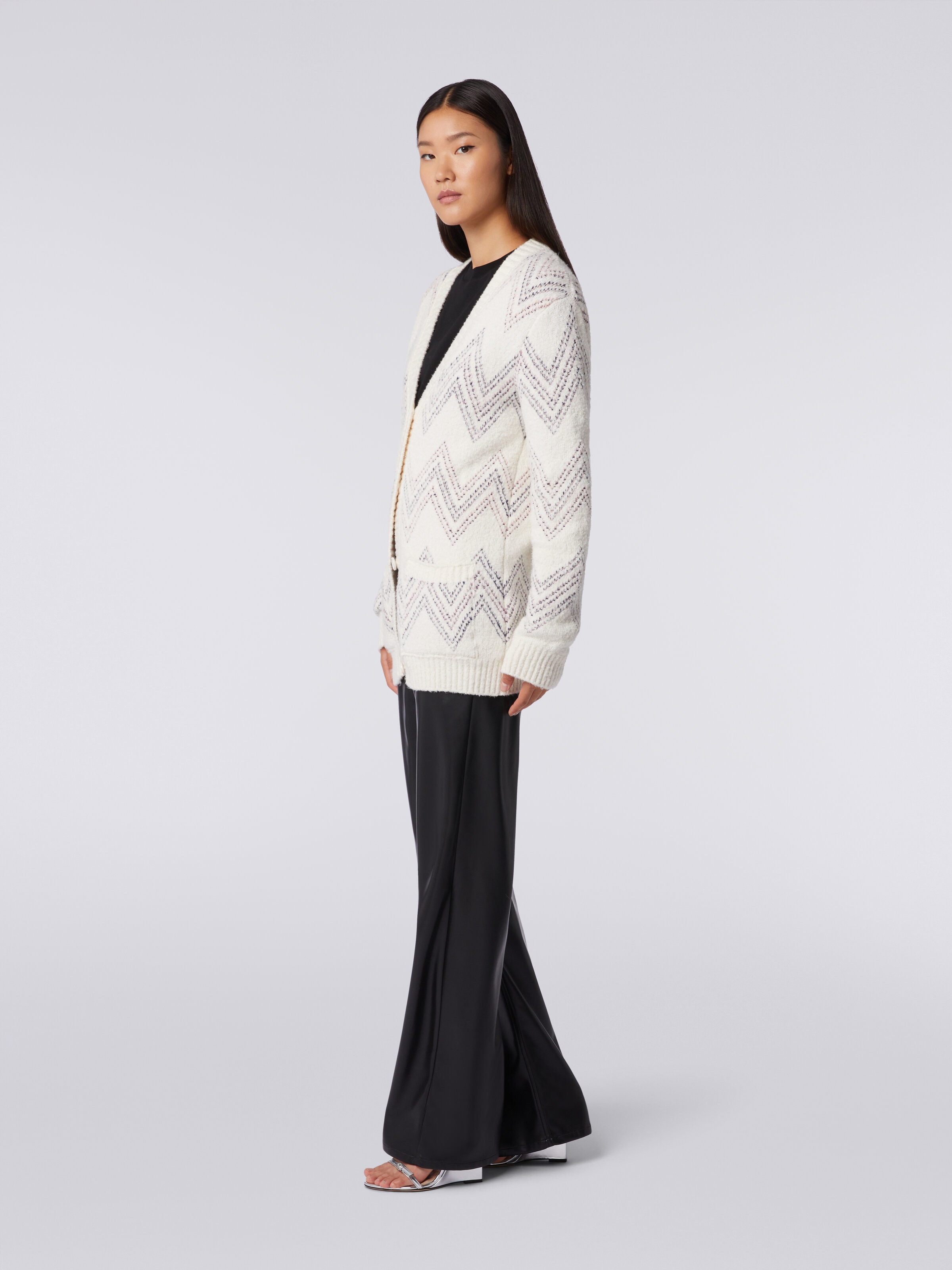 Oversized cardigan in zigzag cotton blend, Beige - 2