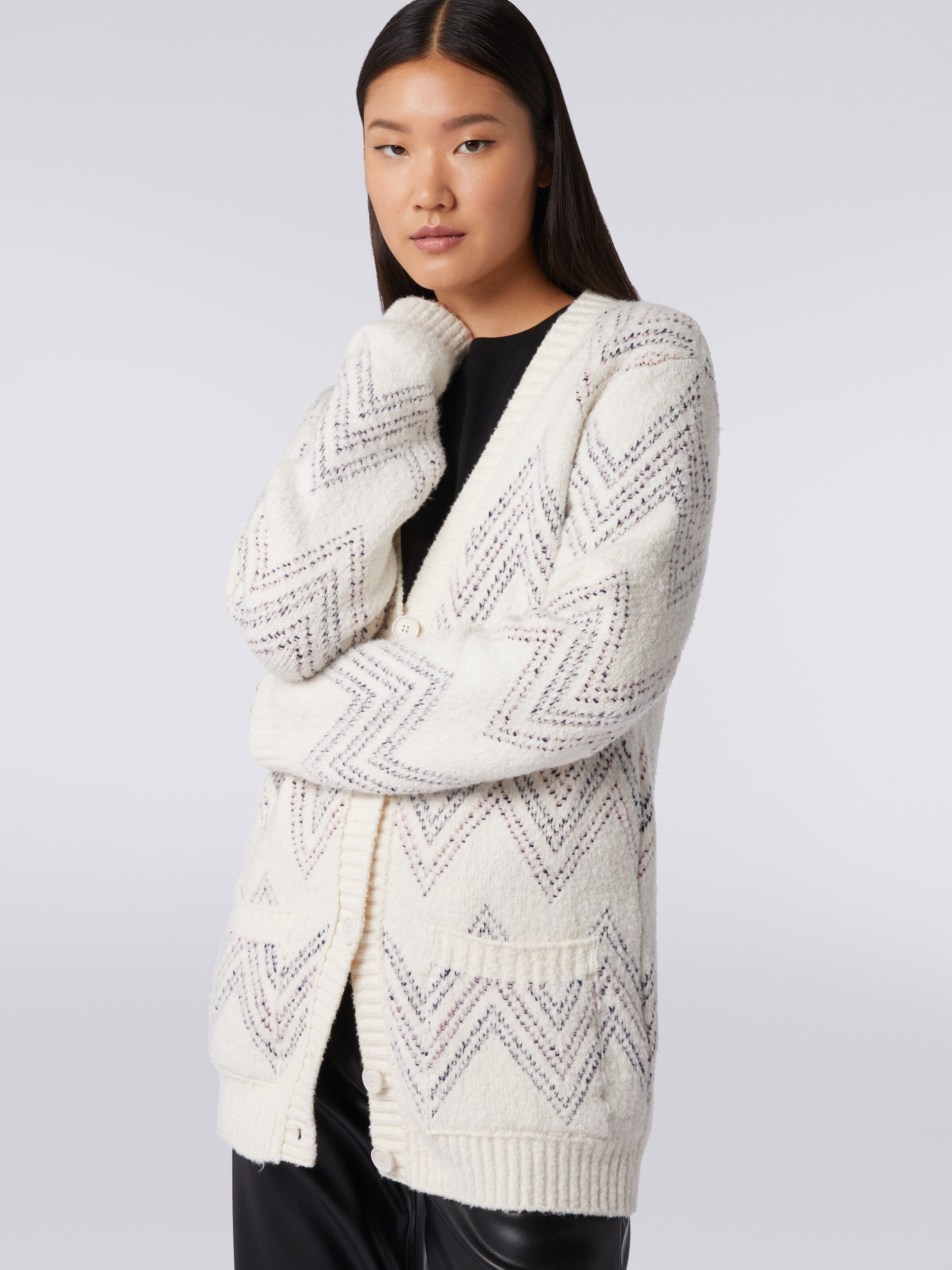 Oversized cardigan in zigzag cotton blend, Beige - 4