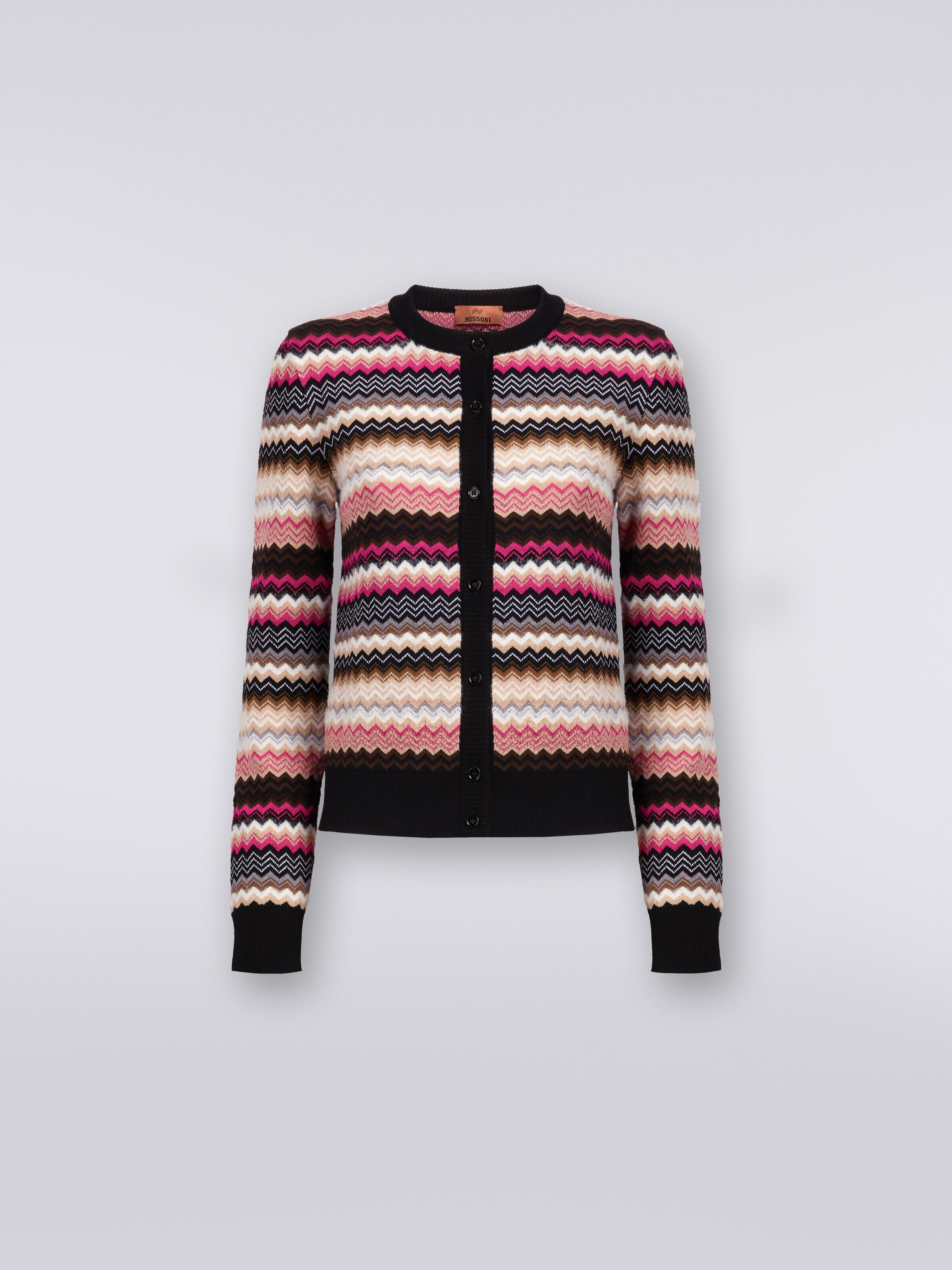 Zigzag wool and cotton knit crew-neck cardigan, Multicoloured  - 0