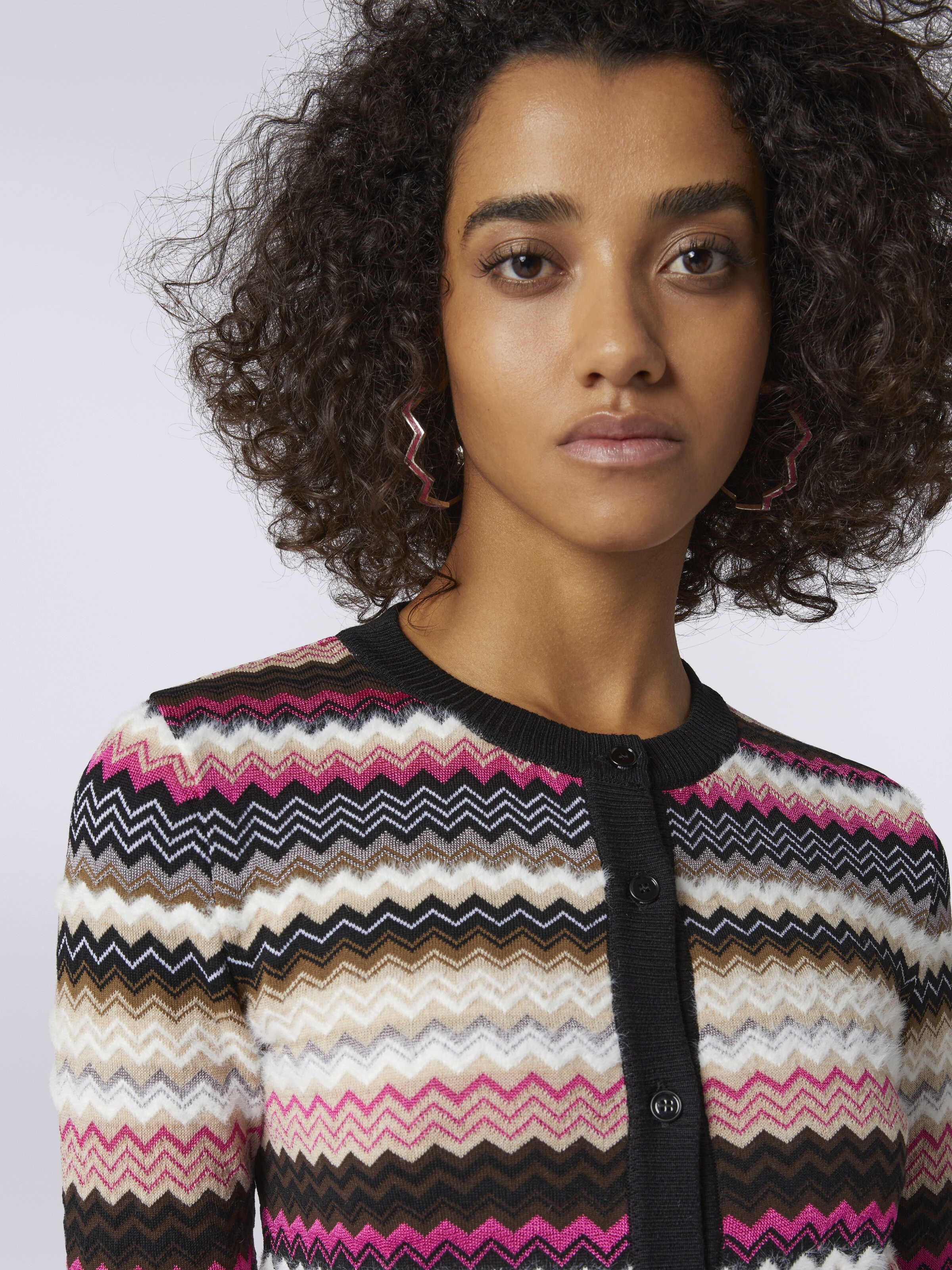 Zigzag wool and cotton knit crew-neck cardigan, Multicoloured  - 4