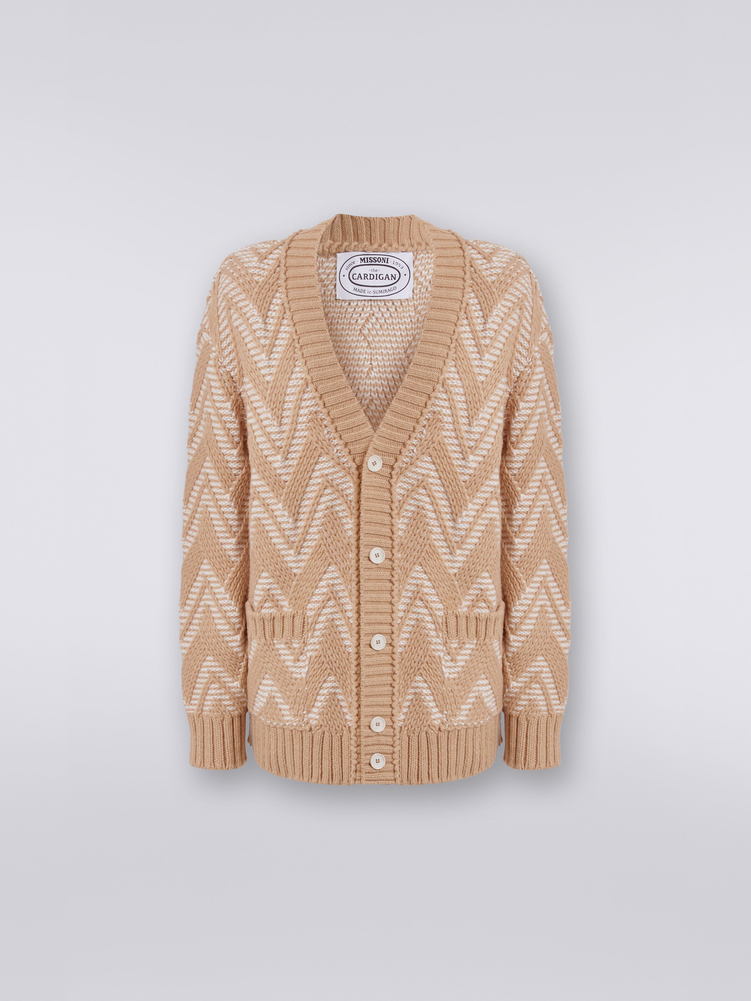 Wool cardigan with two-tone zigzag, Multicoloured  - 0