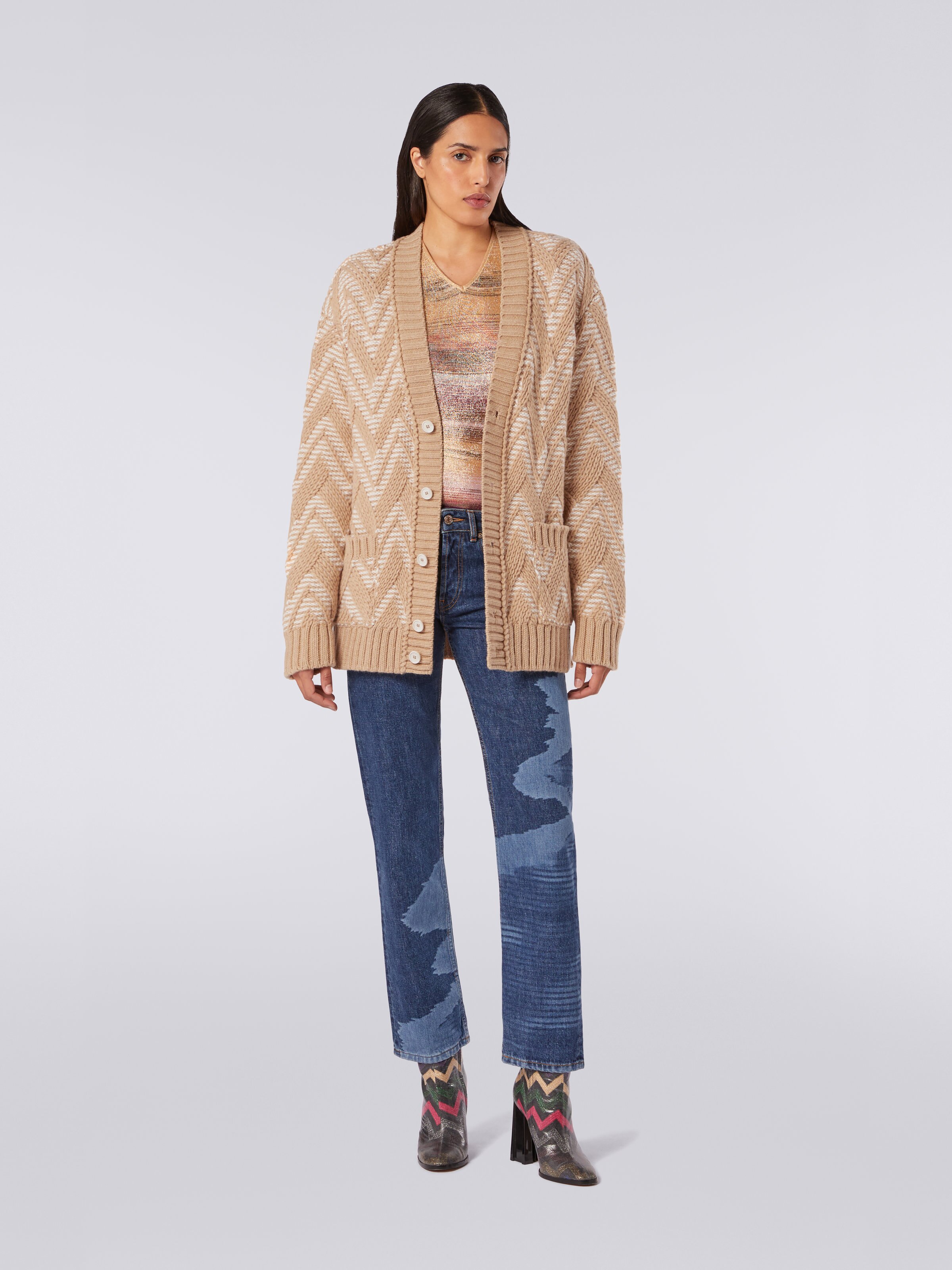Wool cardigan with two-tone zigzag, Multicoloured  - 1