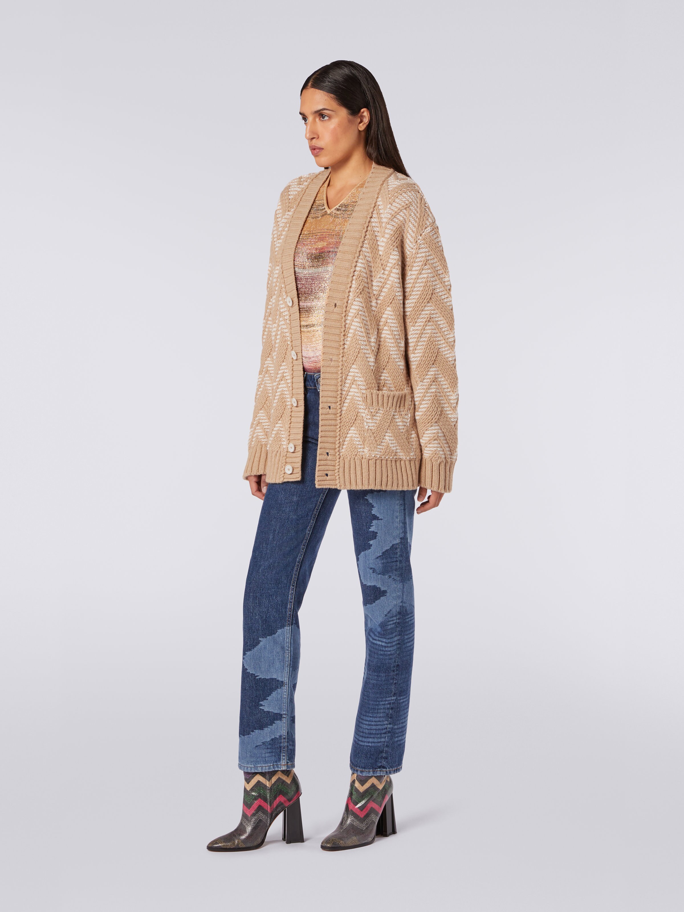 Wool cardigan with two-tone zigzag, Multicoloured  - 2