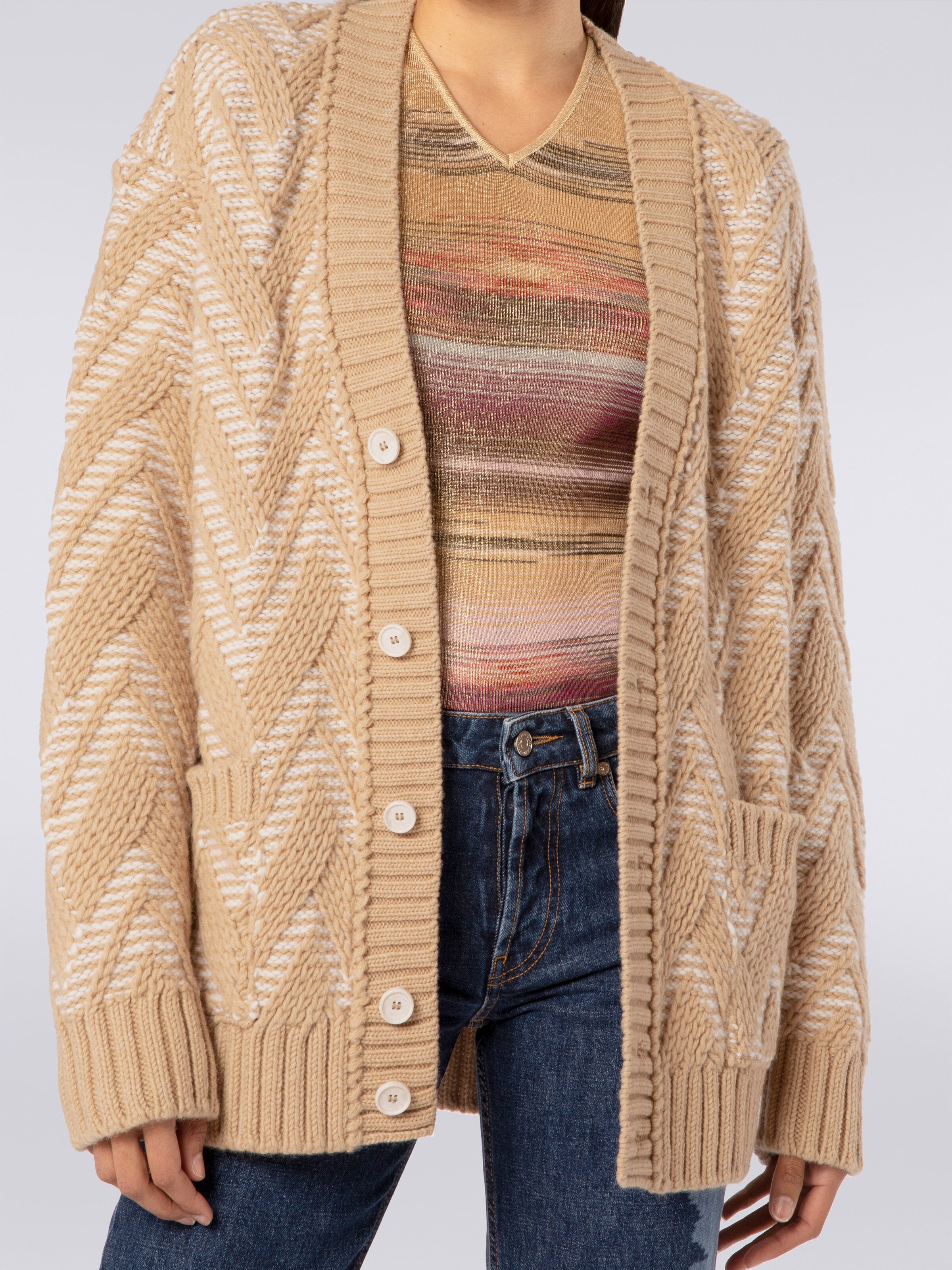 Wool cardigan with two-tone zigzag, Multicoloured  - 4
