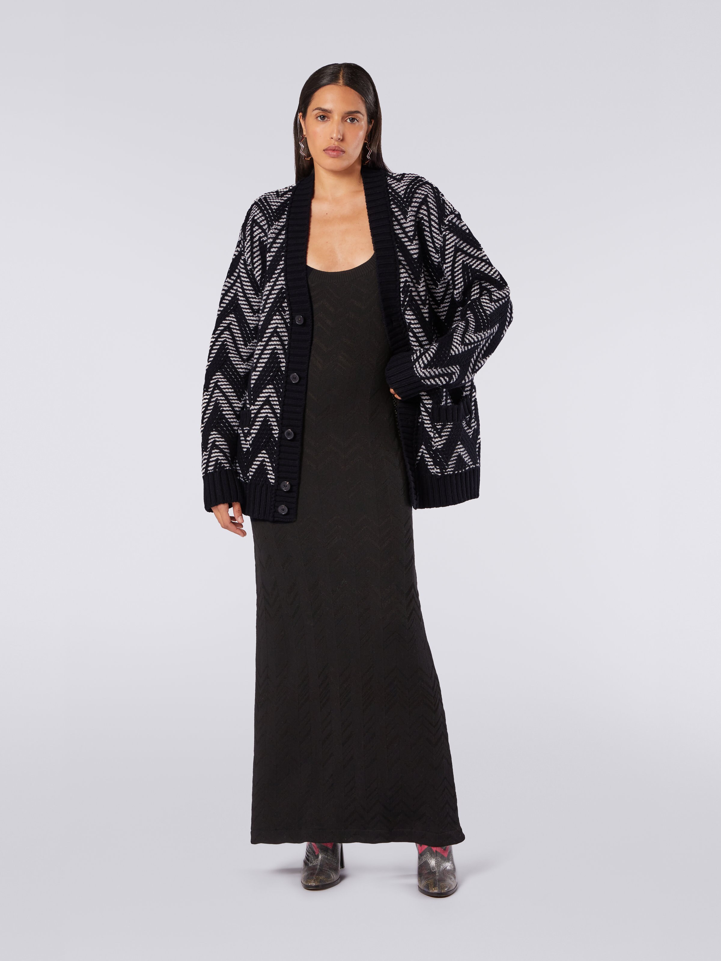 Wool cardigan with two-tone zigzag, Black & White - 1