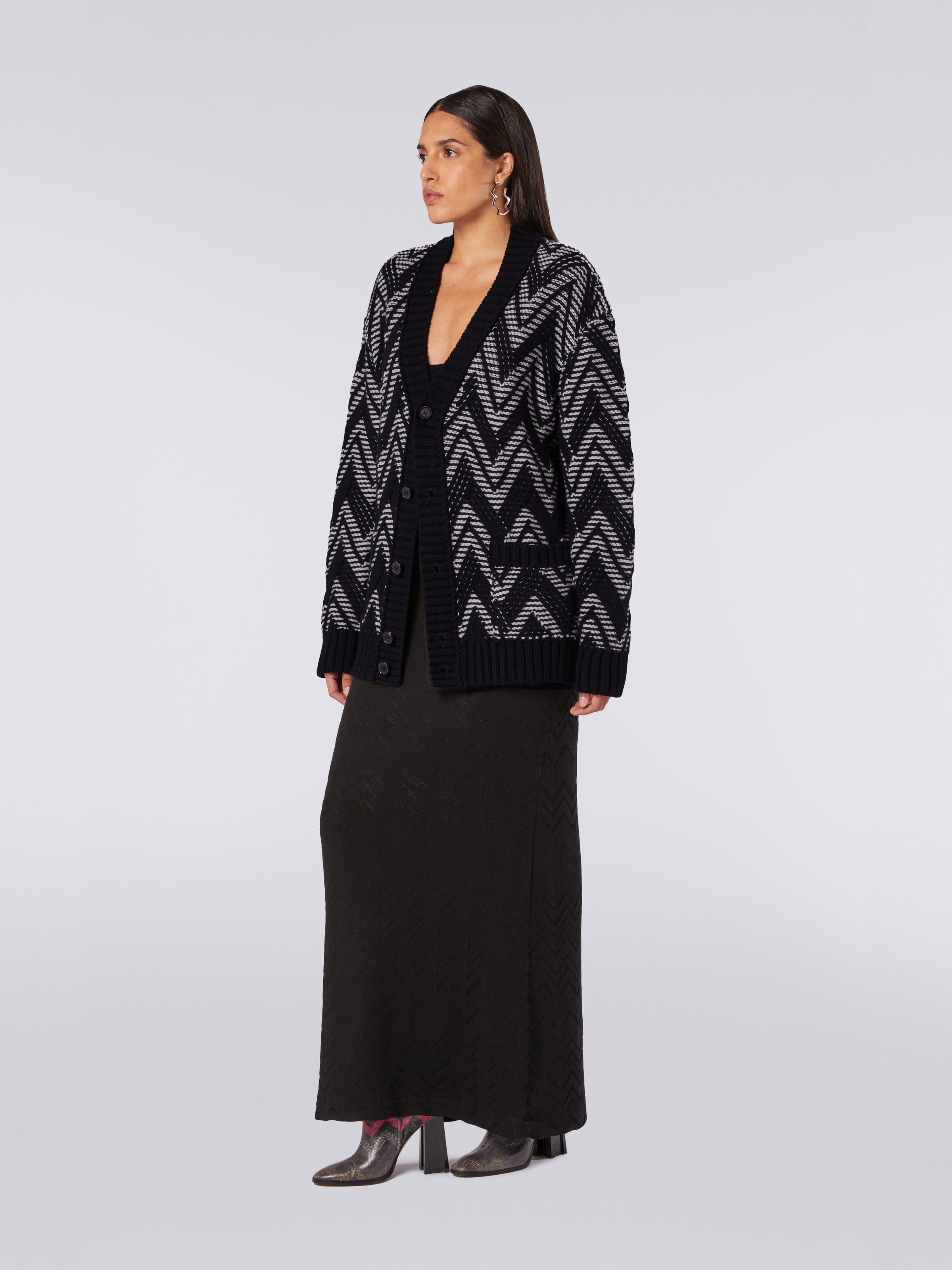 Wool cardigan with two-tone zigzag, Black & White - 2