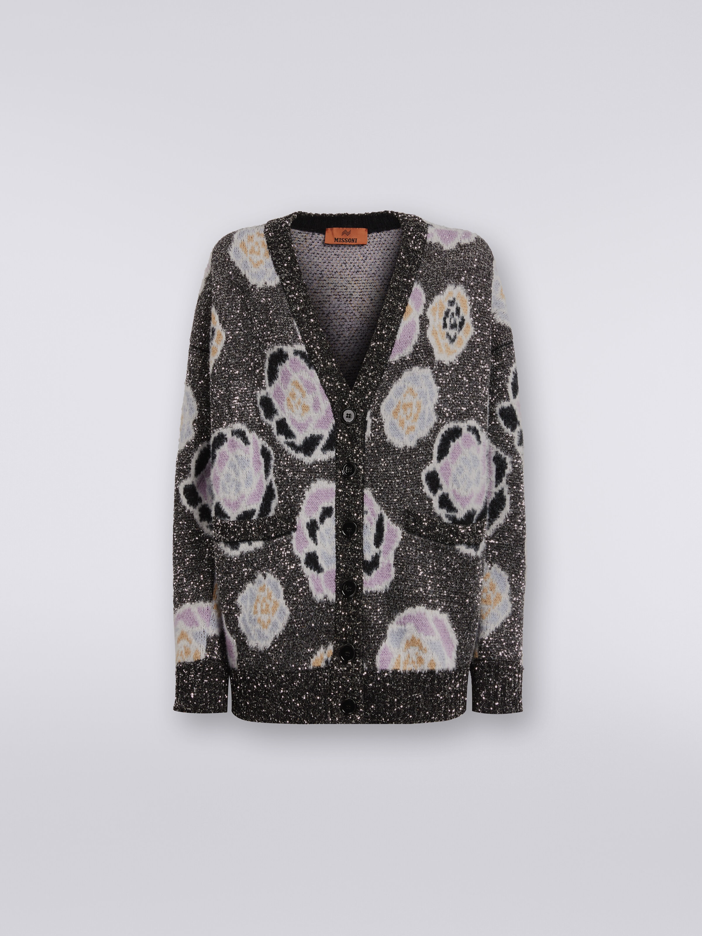 Cardigan oversize in misto lana con rose e paillettes, Multicolore  - 0