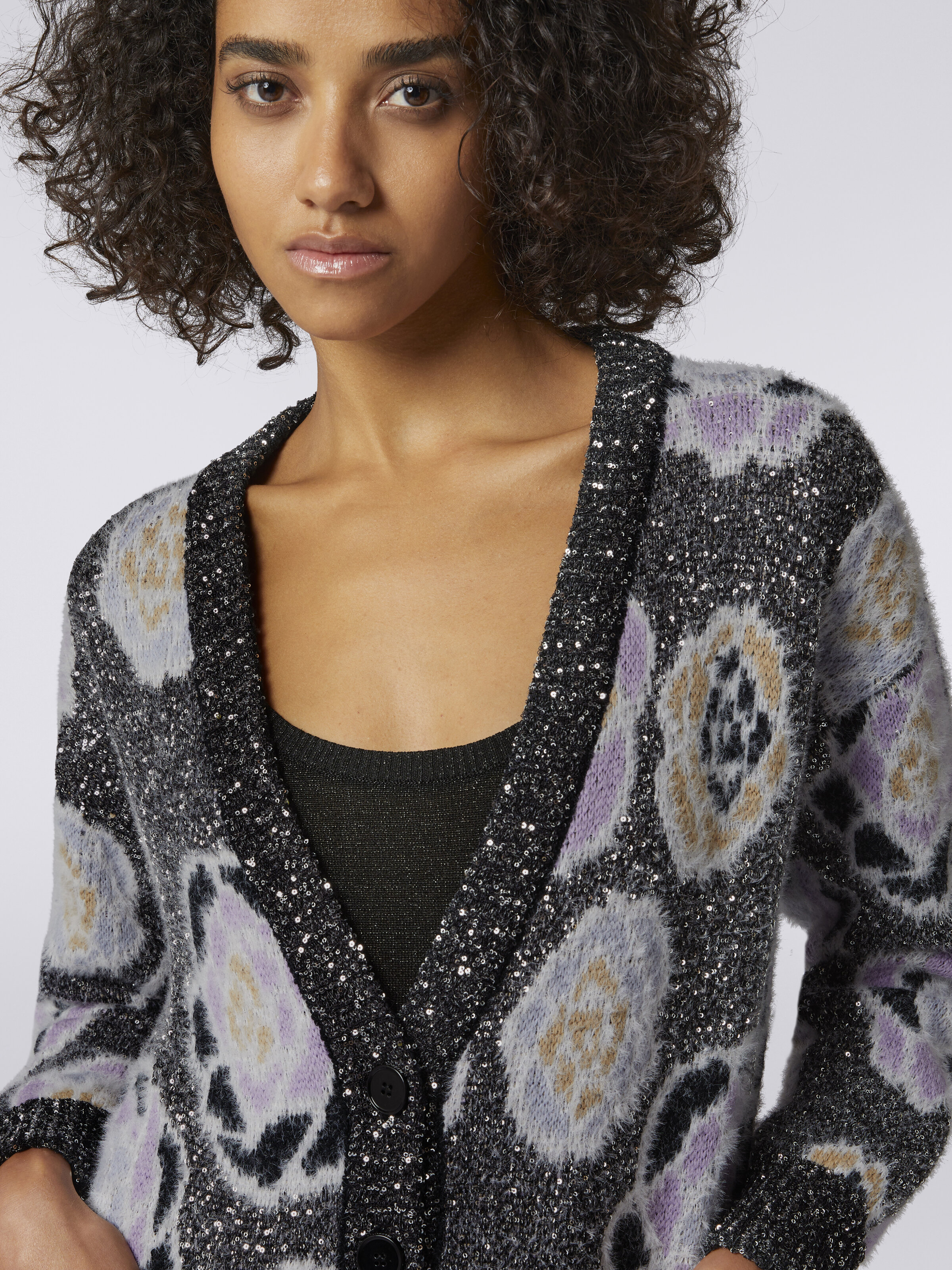 Oversize wool blend cardigan with roses and sequins, Multicoloured  - 4