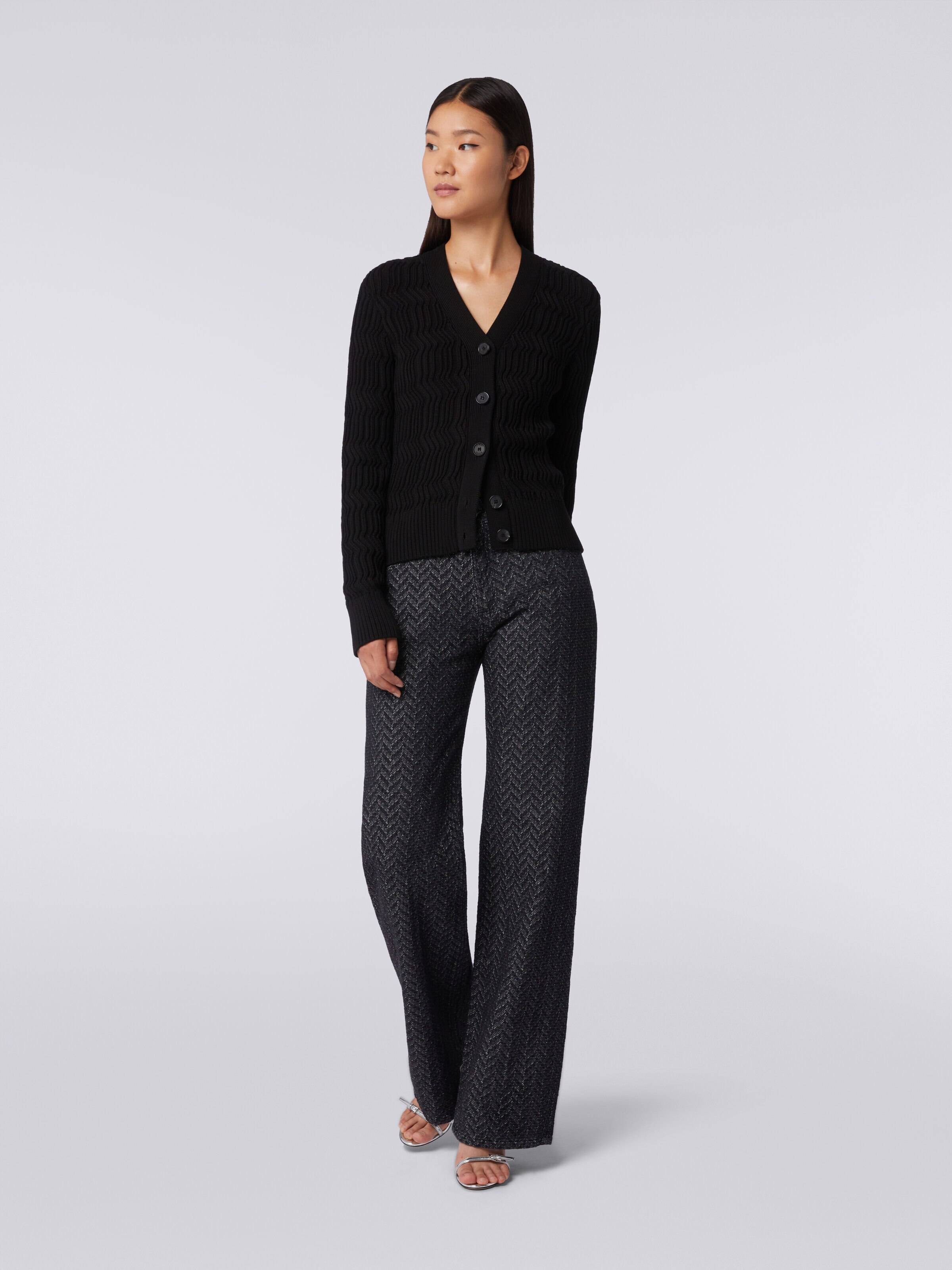 Cotton cardigan with vertical relief ribbing, White, Black & Beige - 1