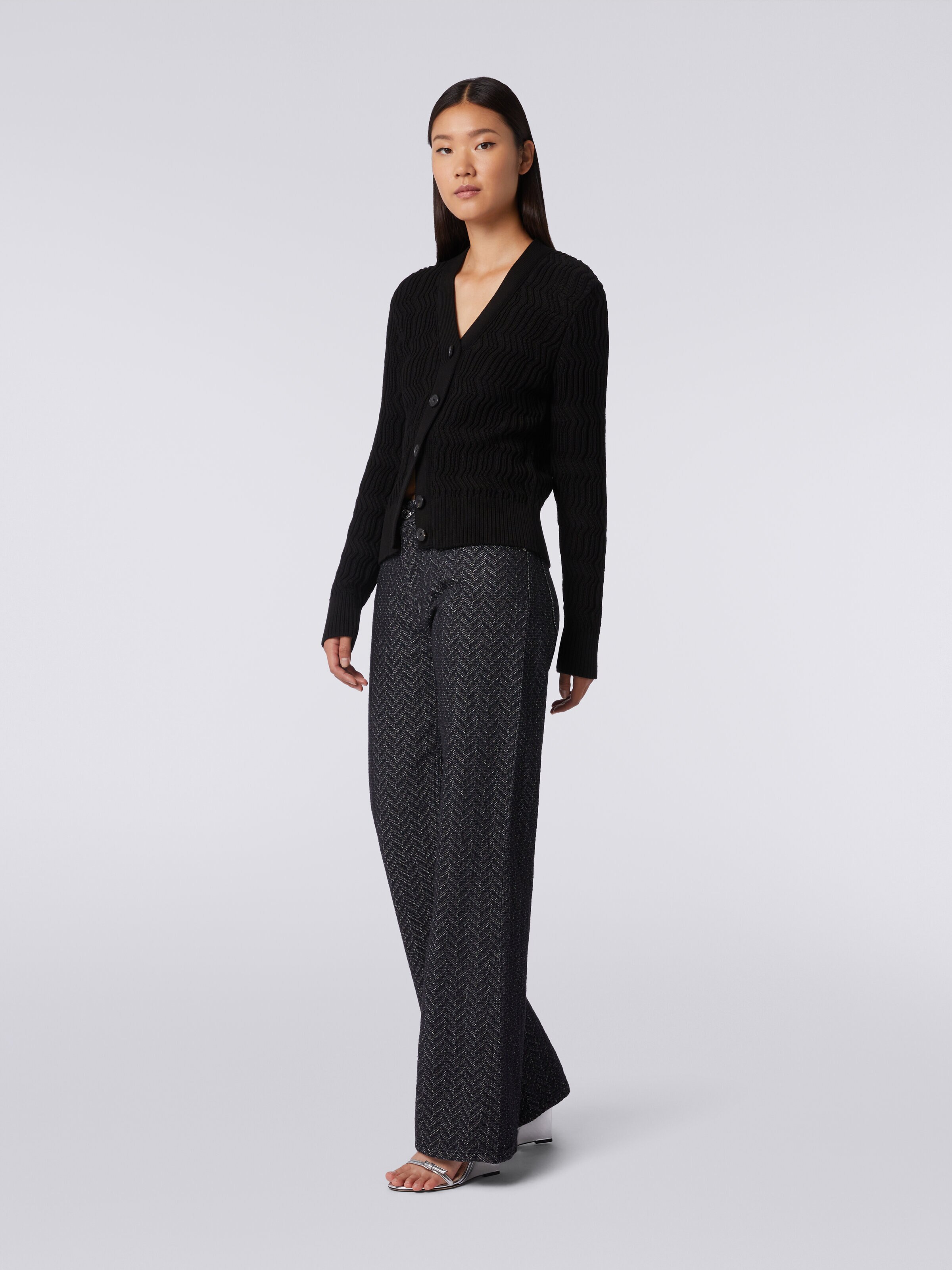 Cotton cardigan with vertical relief ribbing, White, Black & Beige - 2