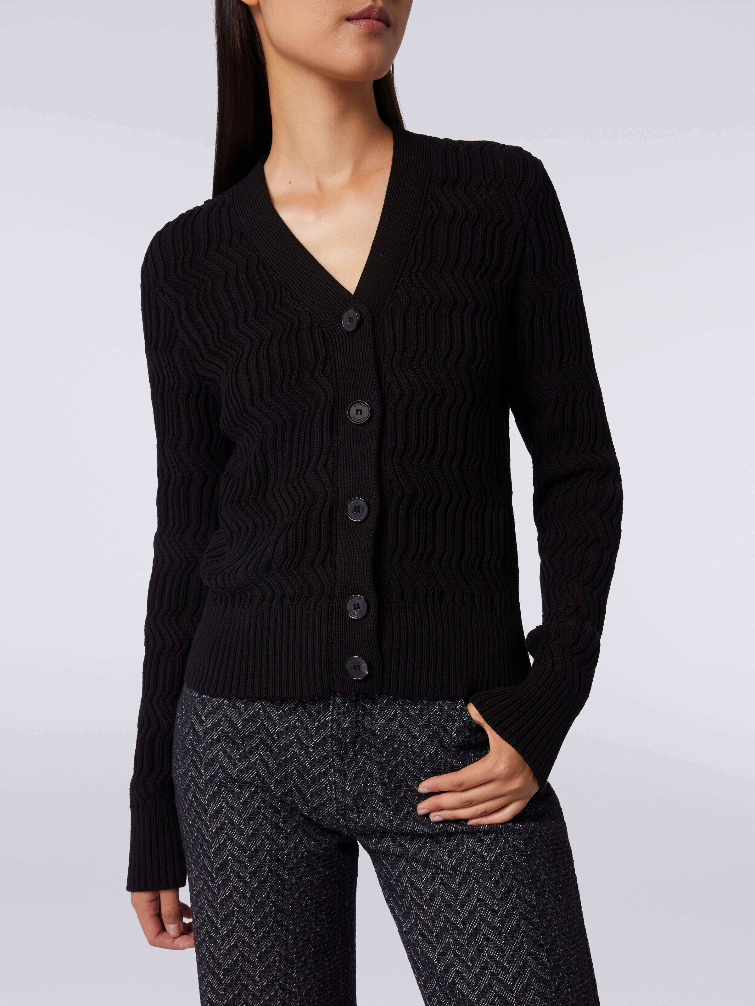 Cotton cardigan with vertical relief ribbing, White, Black & Beige - 4
