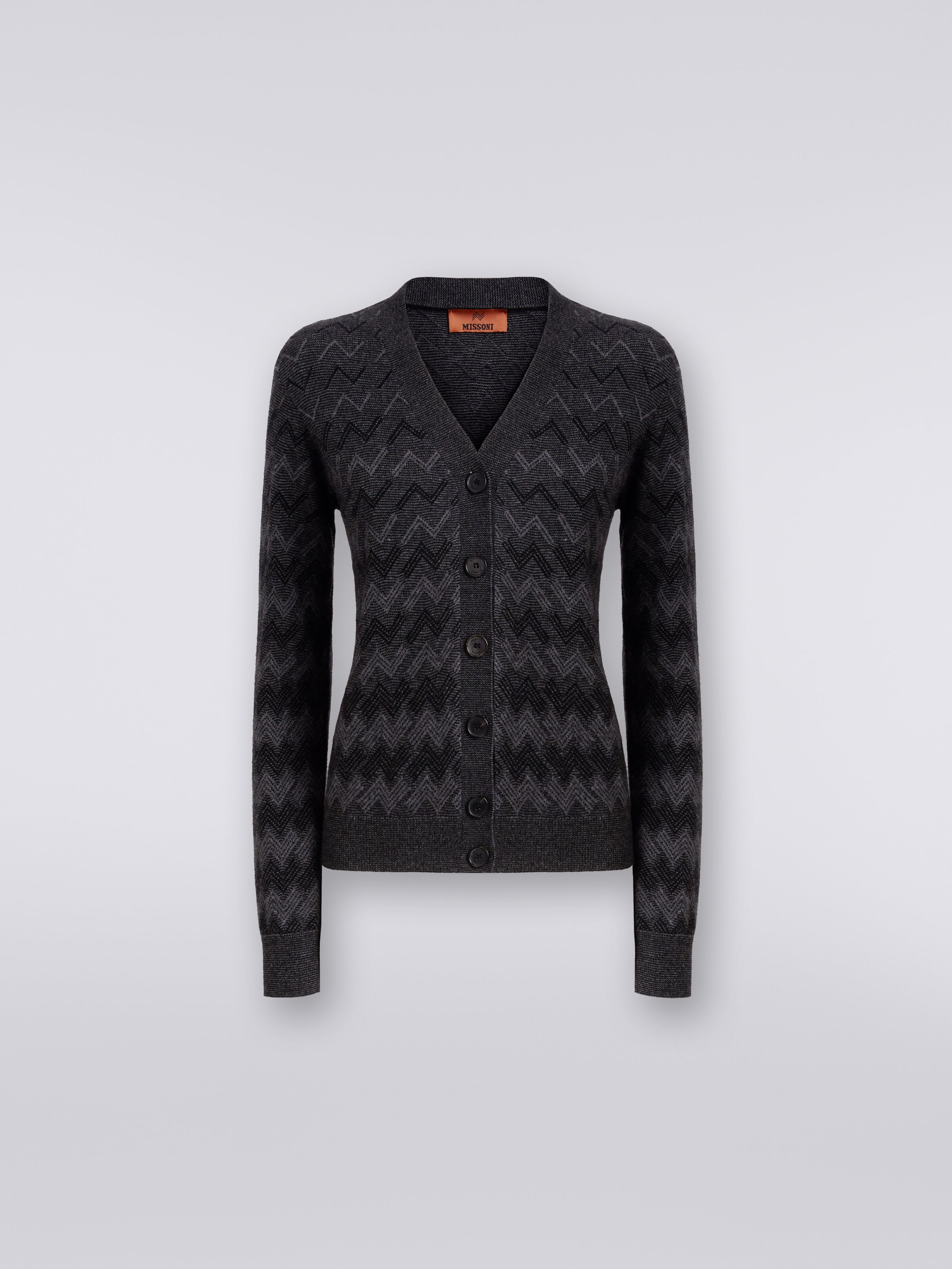 Kaschmir-Cardigan mit V-Ausschnitt und Zickzackmuster, Schwarz    - 0