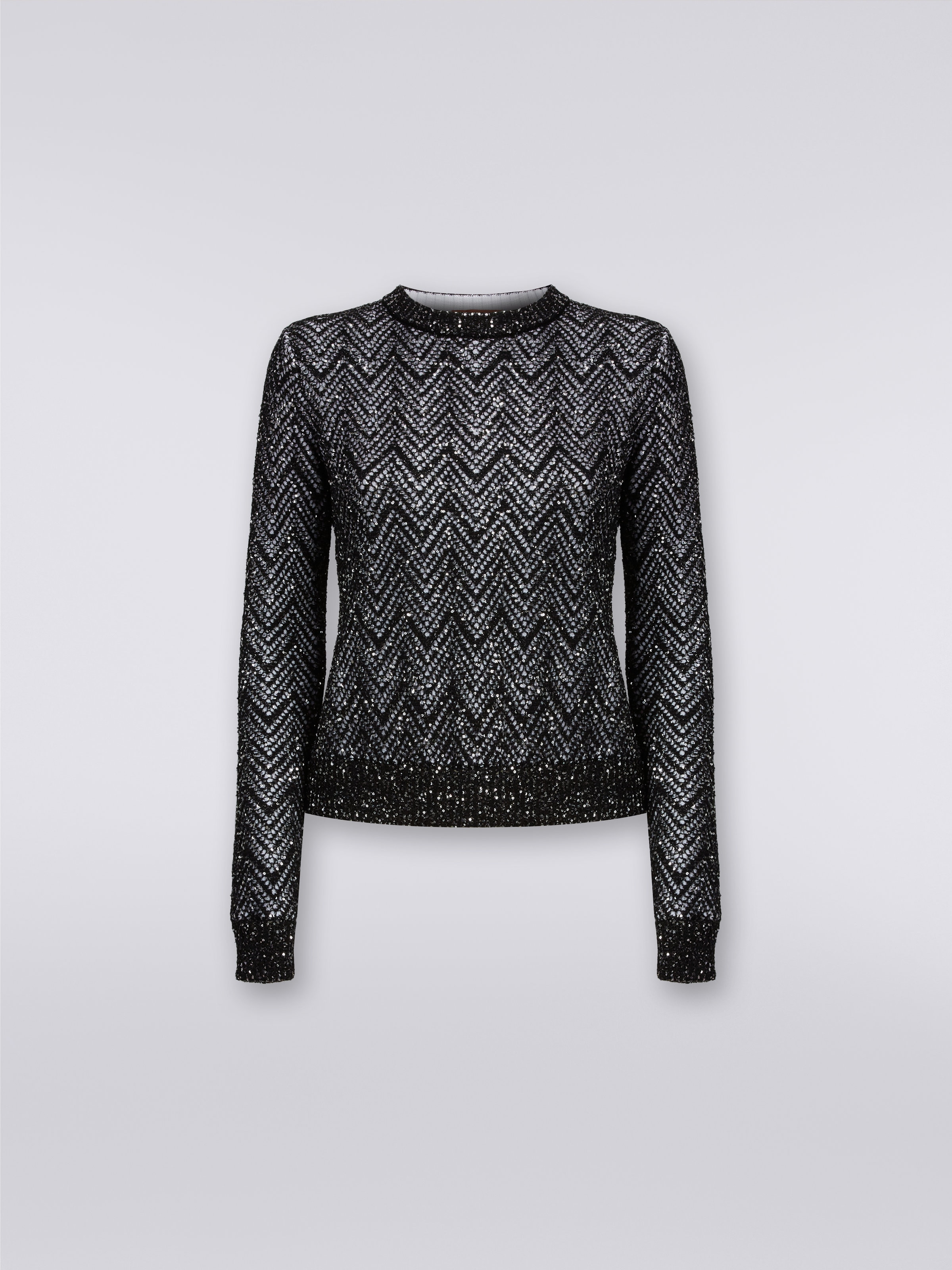 Pullover aus Baumwollmischgewebe mit Chevronmuster und Pailletten, Schwarz    - 0