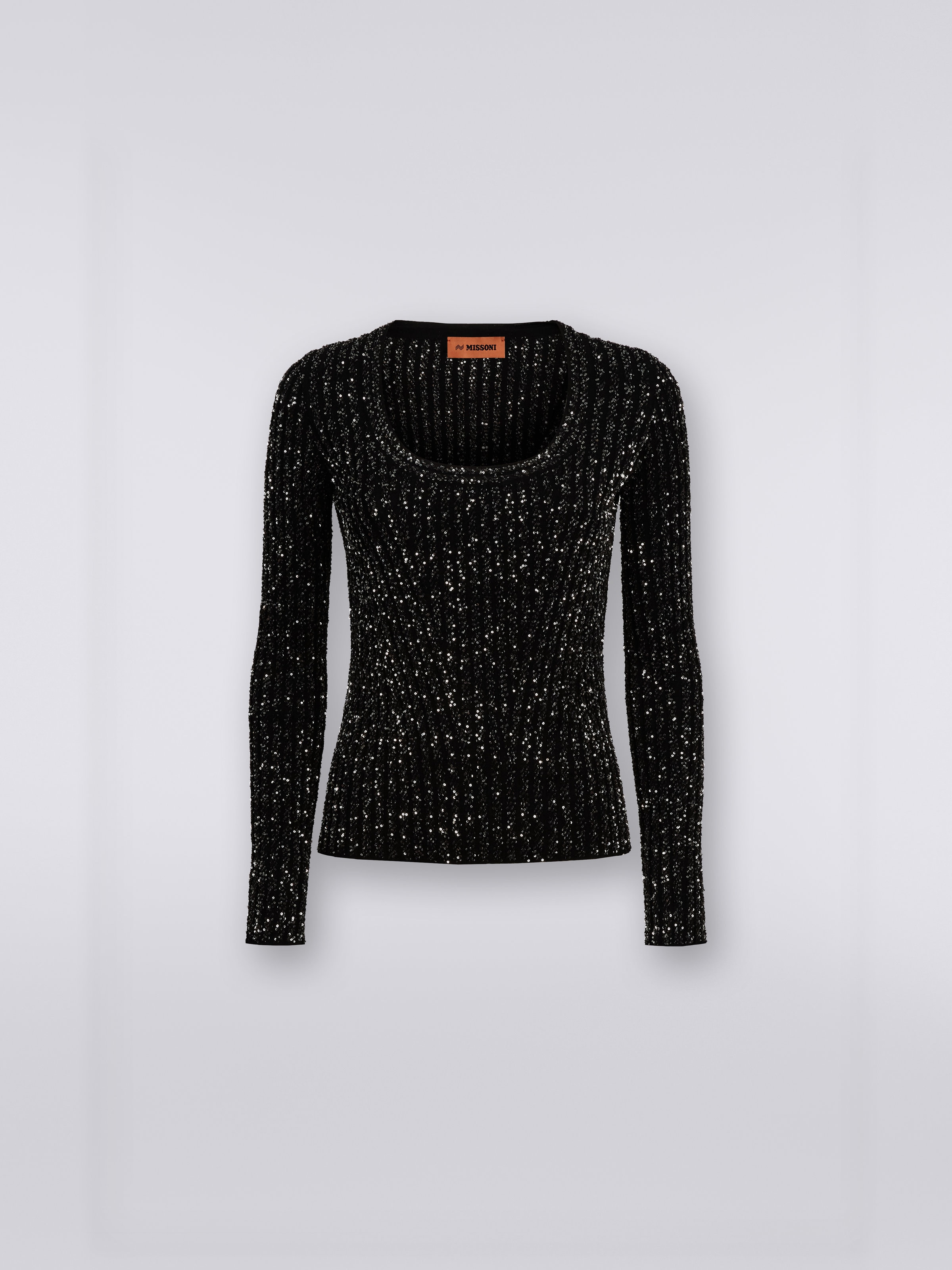 Viscose blend ribbed pullover with sequins, Black    - 0