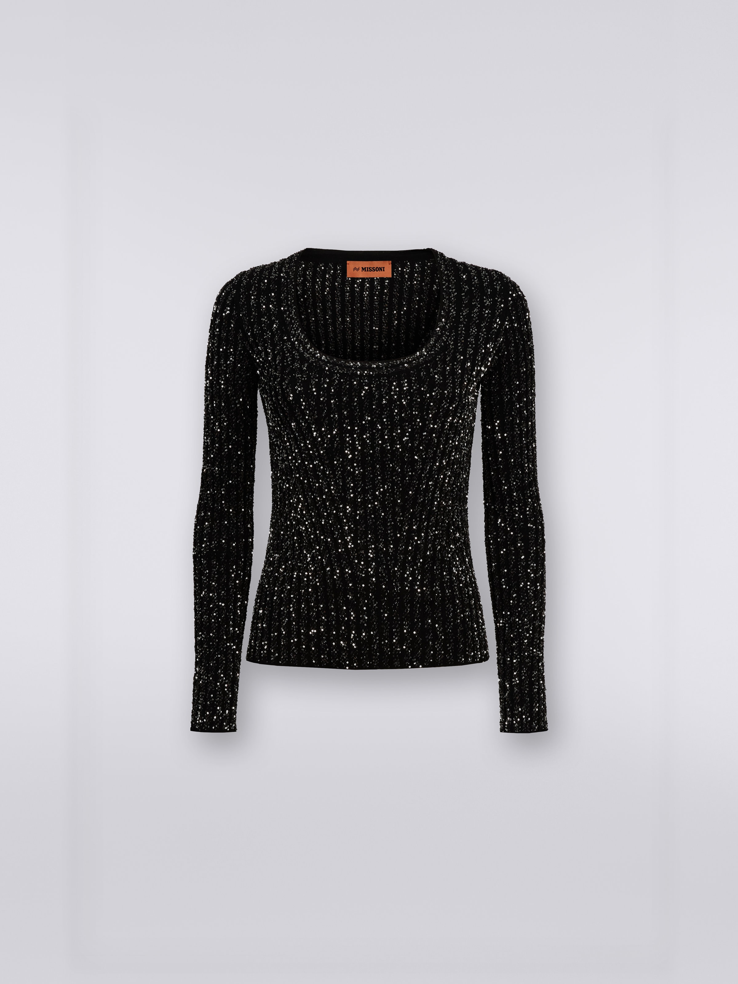 Pull à mailles côtelées en viscose mélangée avec paillettes, Noir    - 0