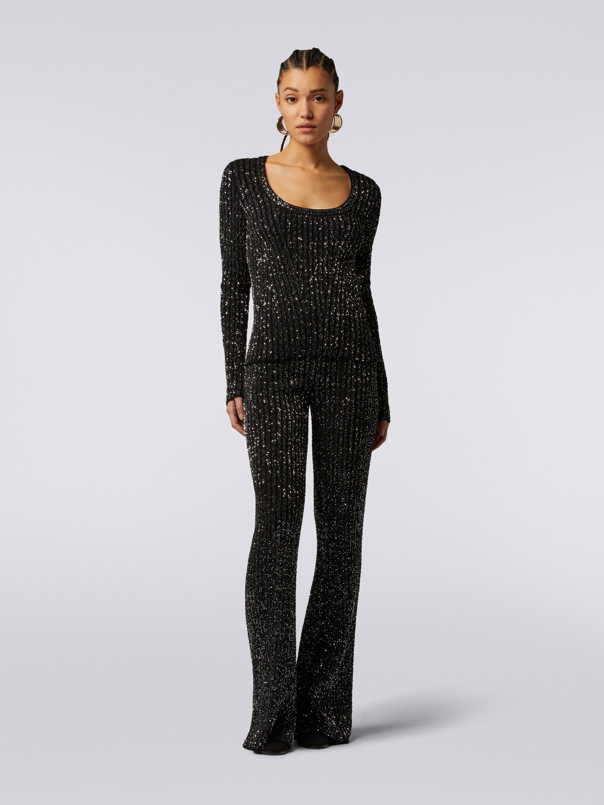 Viscose blend ribbed pullover with sequins, Black    - 1