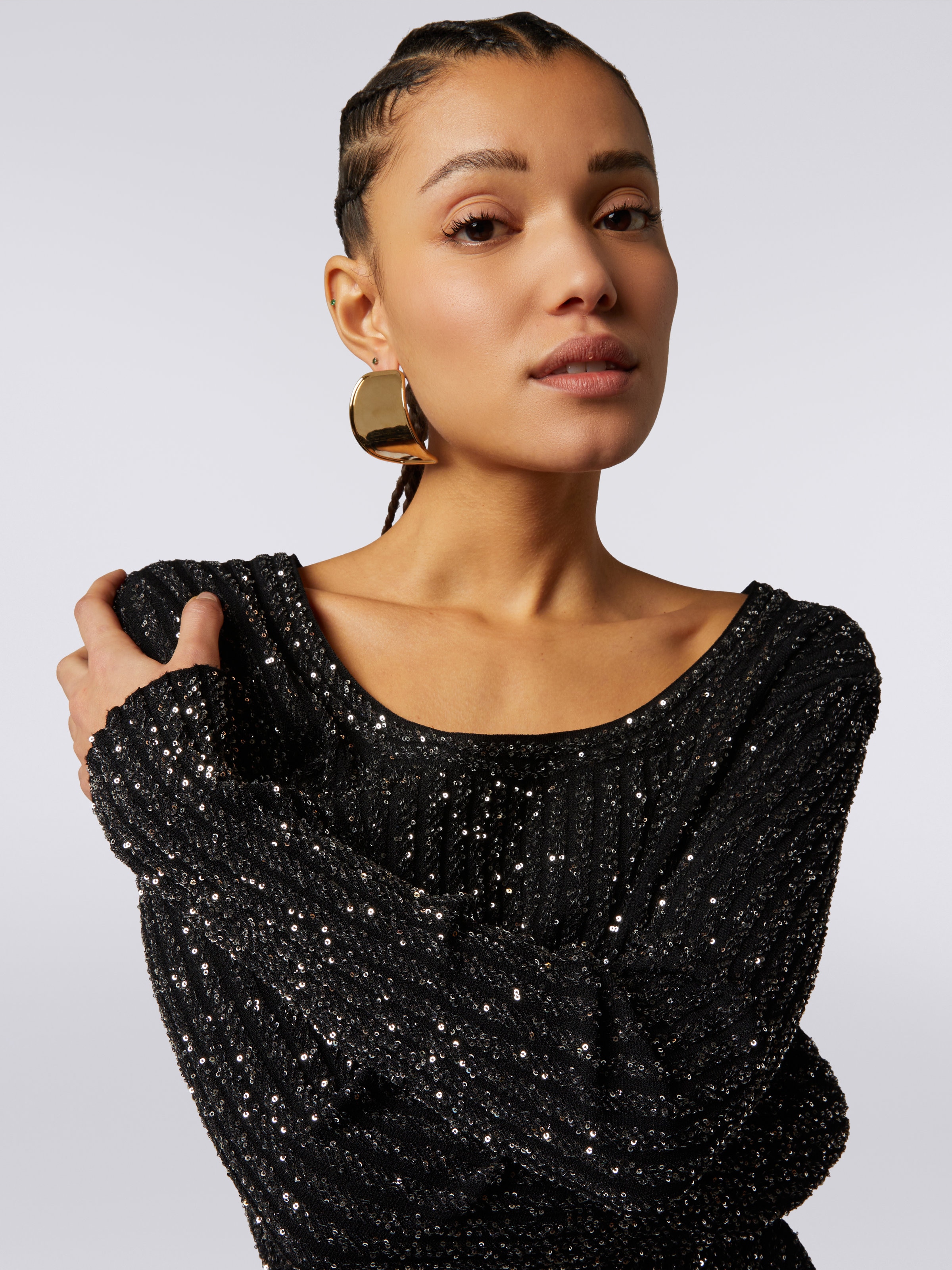 Viscose blend ribbed pullover with sequins, Black    - 4