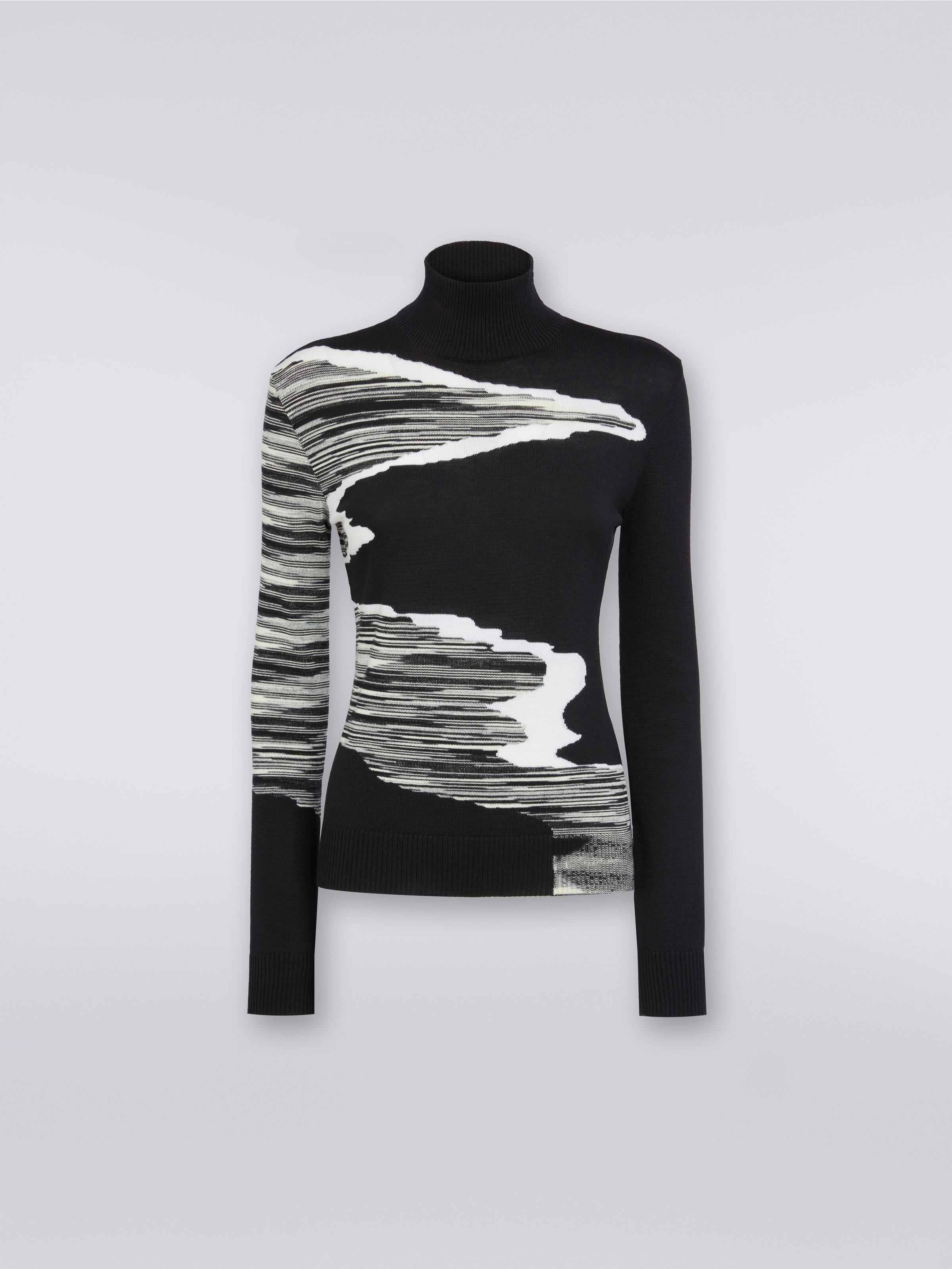 Pullover a collo alto con intarsio in lana, Bianco & Nero - 0