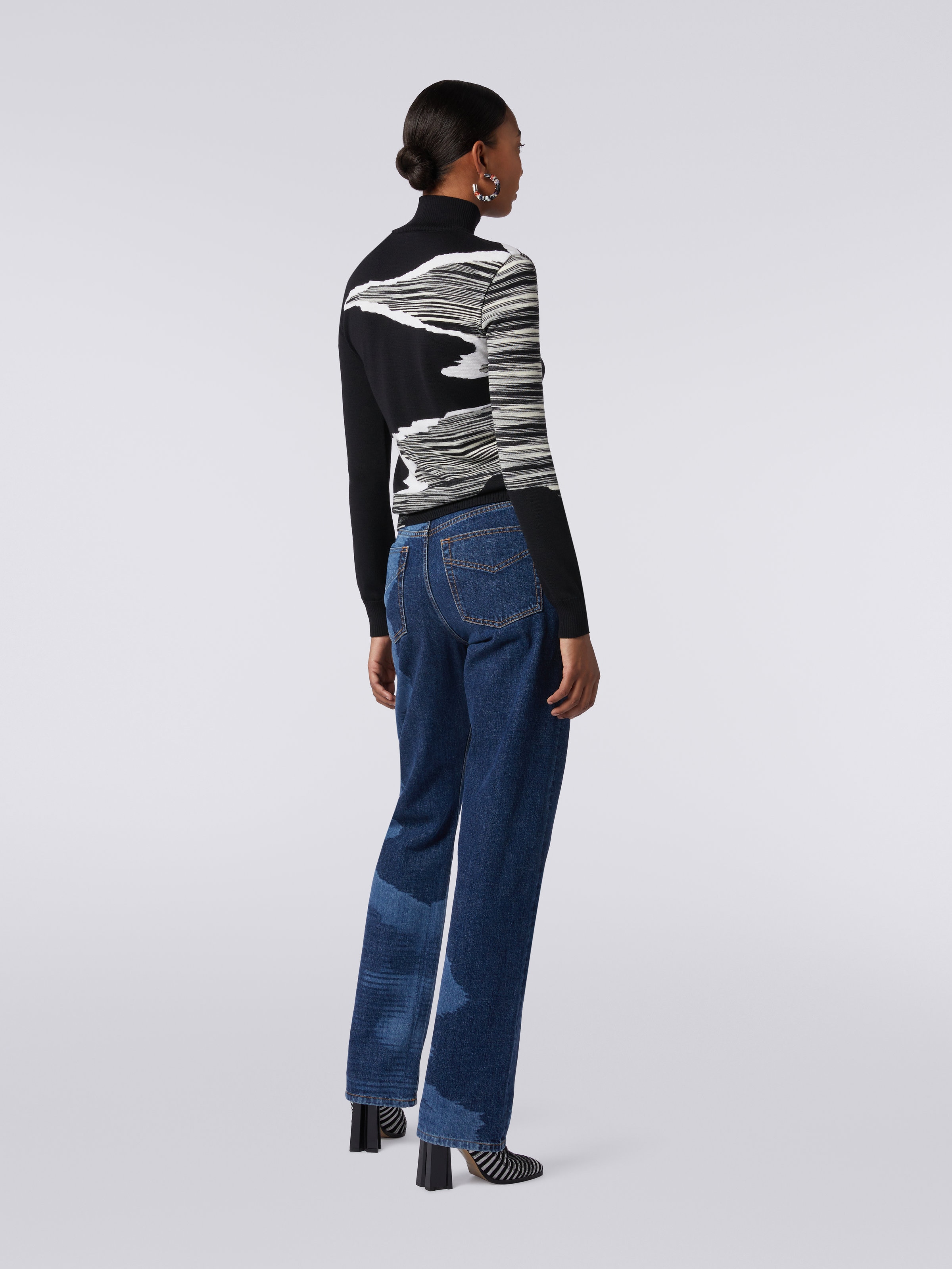 Pullover a collo alto con intarsio in lana, Bianco & Nero - 3