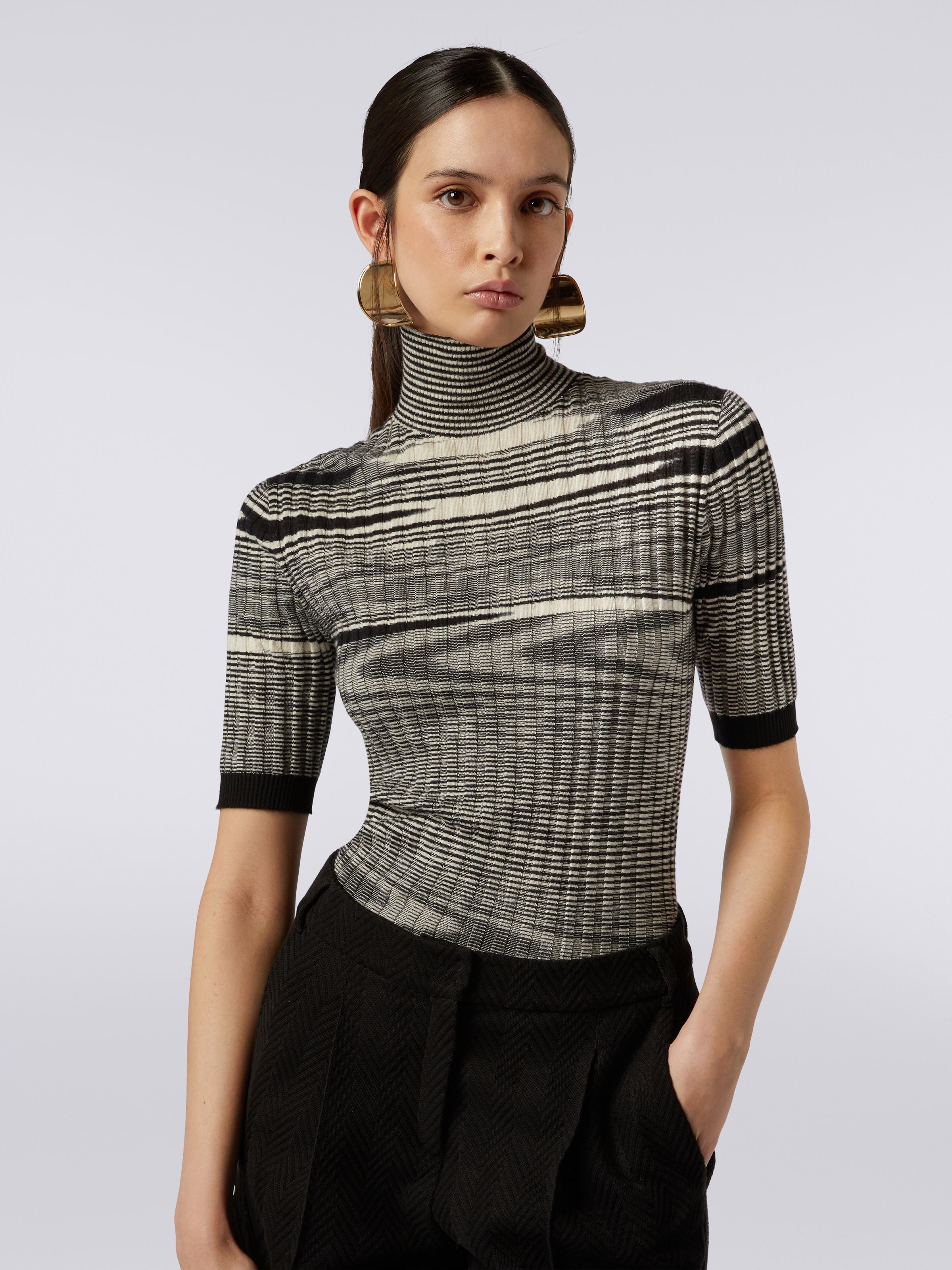Ribbed high neck pullover in cashmere and silk , Black & White - 4