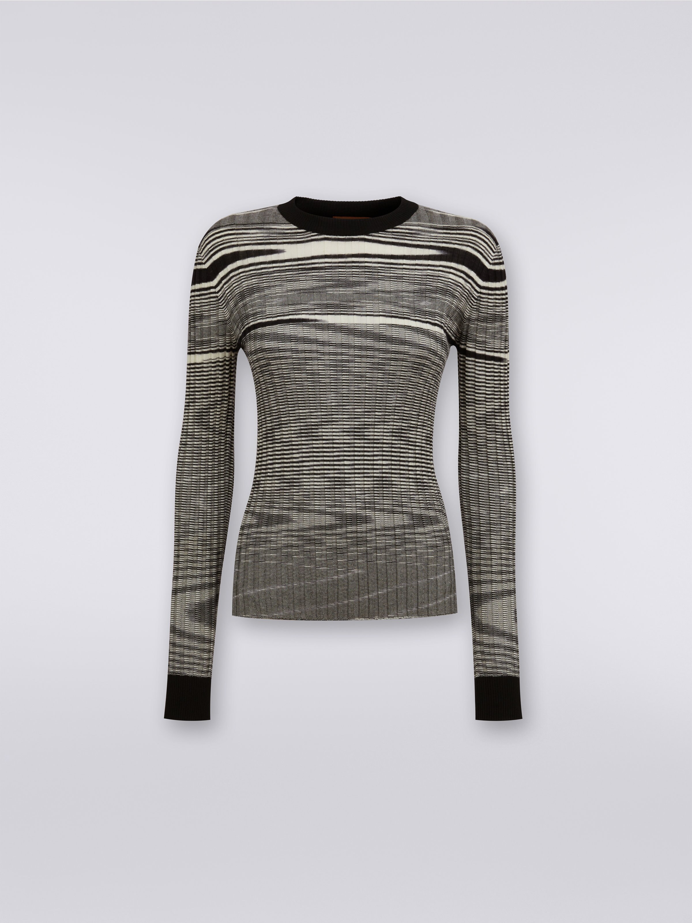 Pullover mit geripptem Rundhalsausschnitt aus Kaschmir und Seide, Weiß & Schwarz - 0