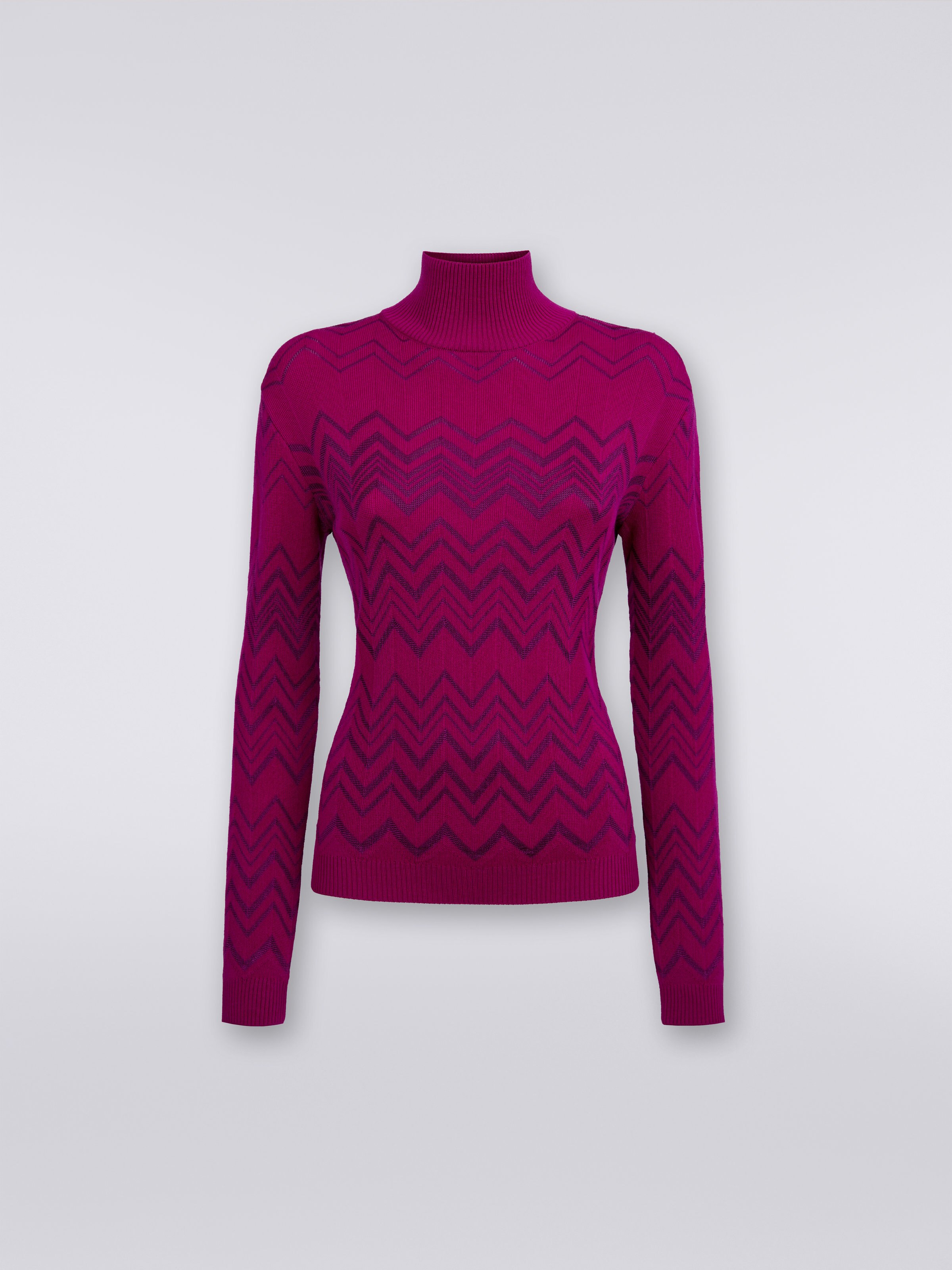 Wool and viscose chevron high-neck pullover, Purple  - 0