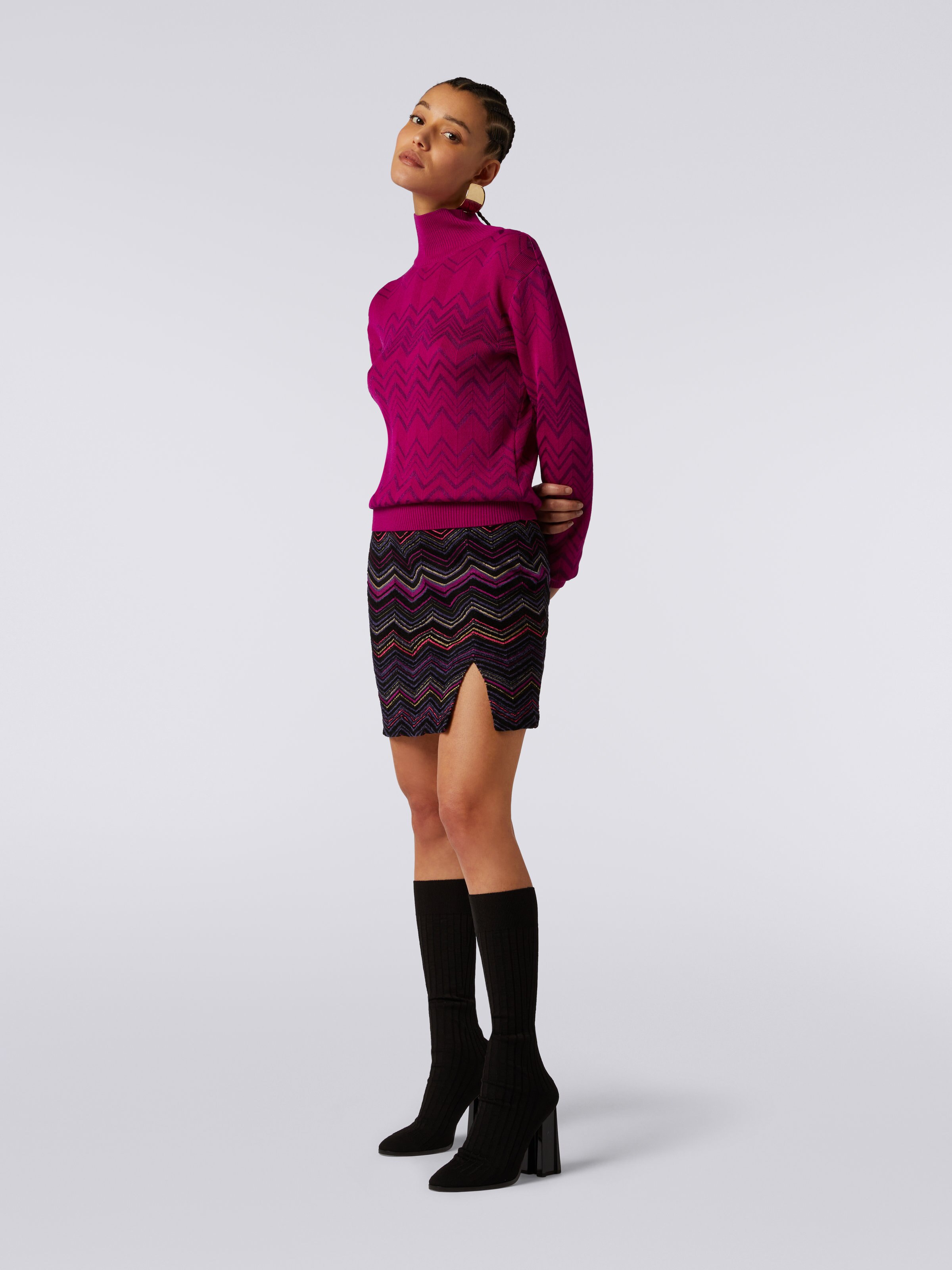 Wool and viscose chevron high-neck pullover, Purple  - 2