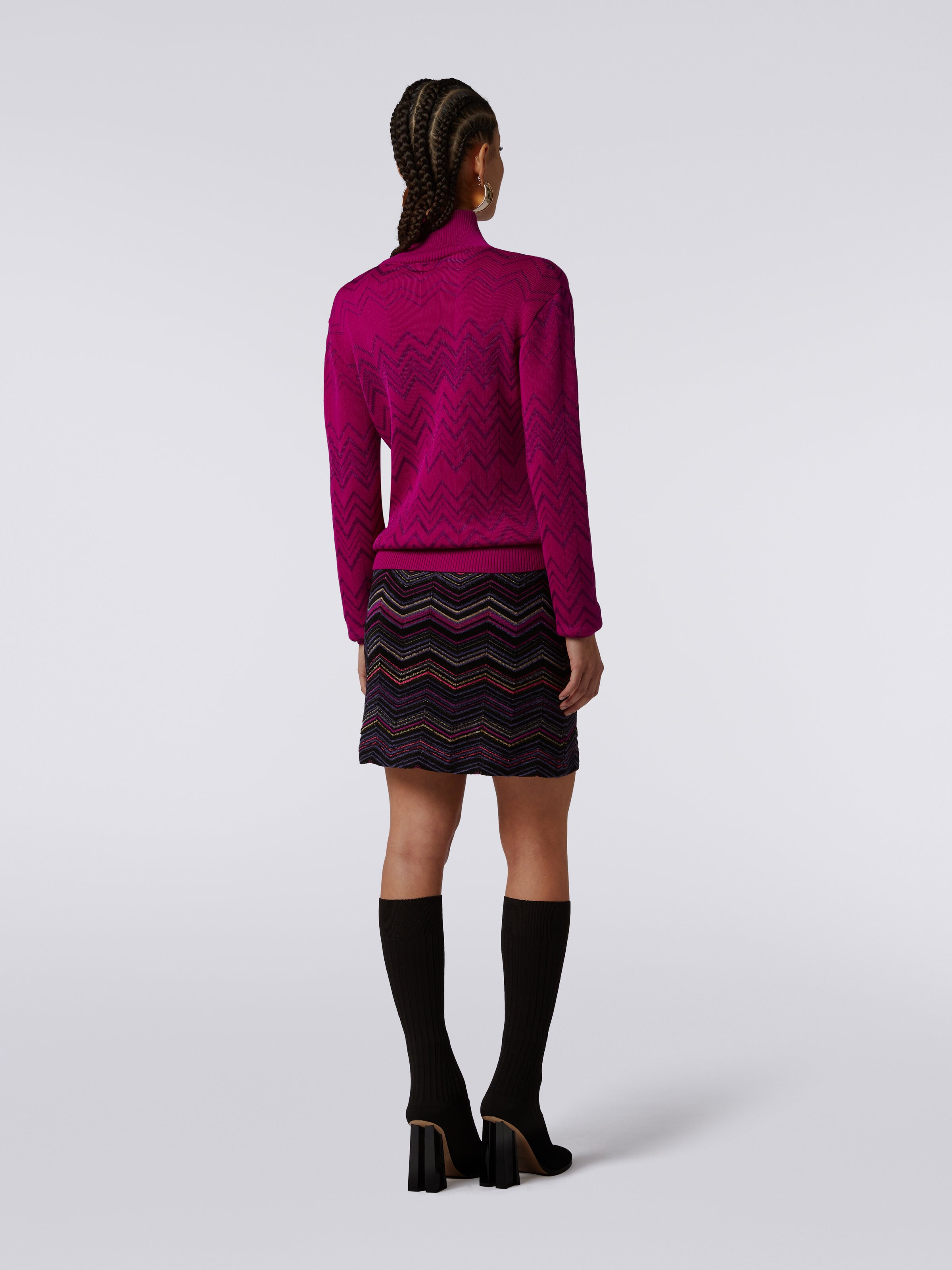 Pullover a collo alto in lana e viscosa chevron, Viola  - 3