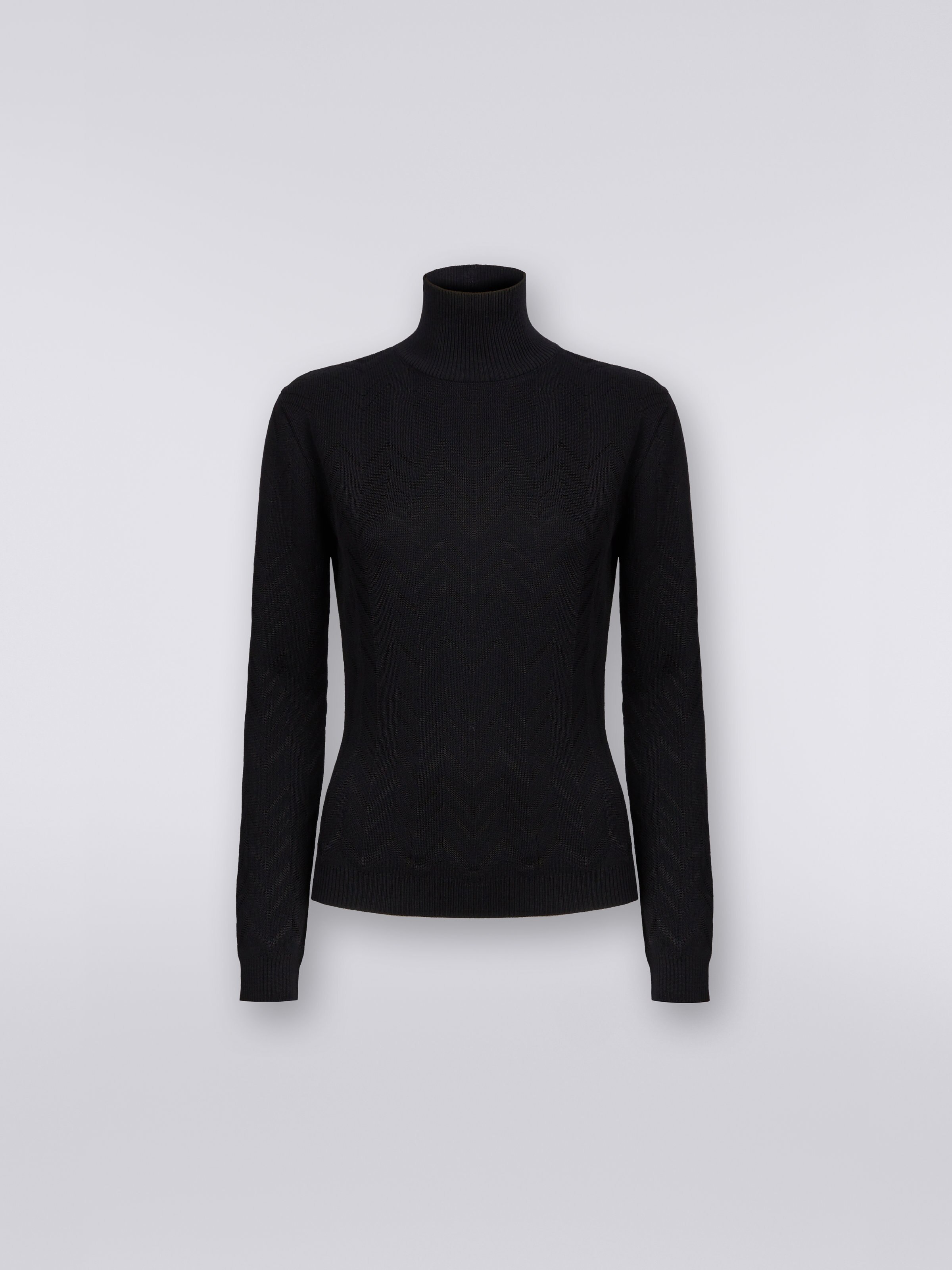 Rollkragenpullover aus Wolle und Viskose mit Chevronmuster, Schwarz    - 0