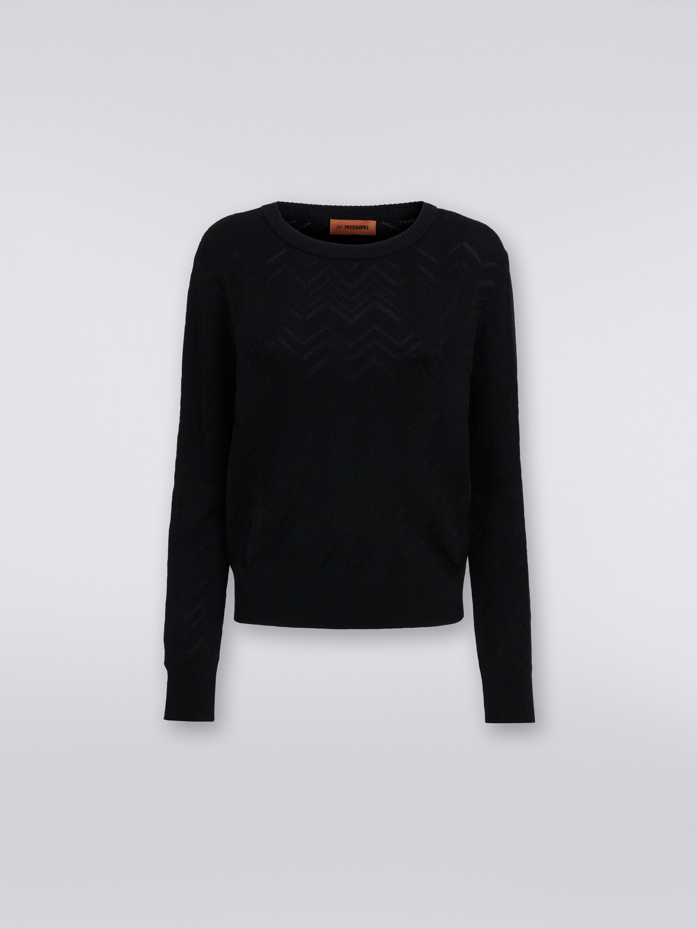 Pull à col rond en laine et viscose à chevrons, Noir    - 0