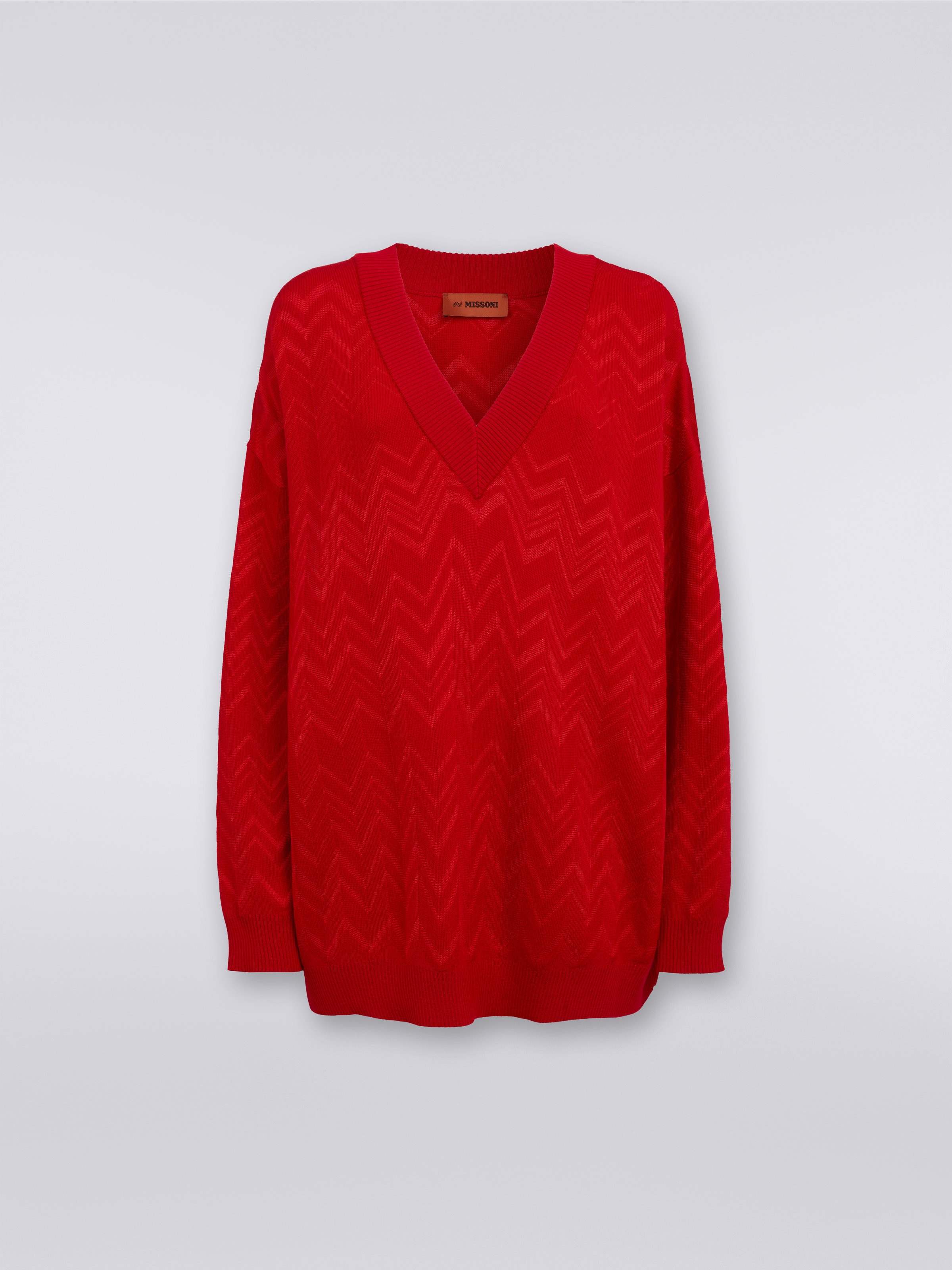 Wool and viscose chevron V-neckline pullover , Red  - 0