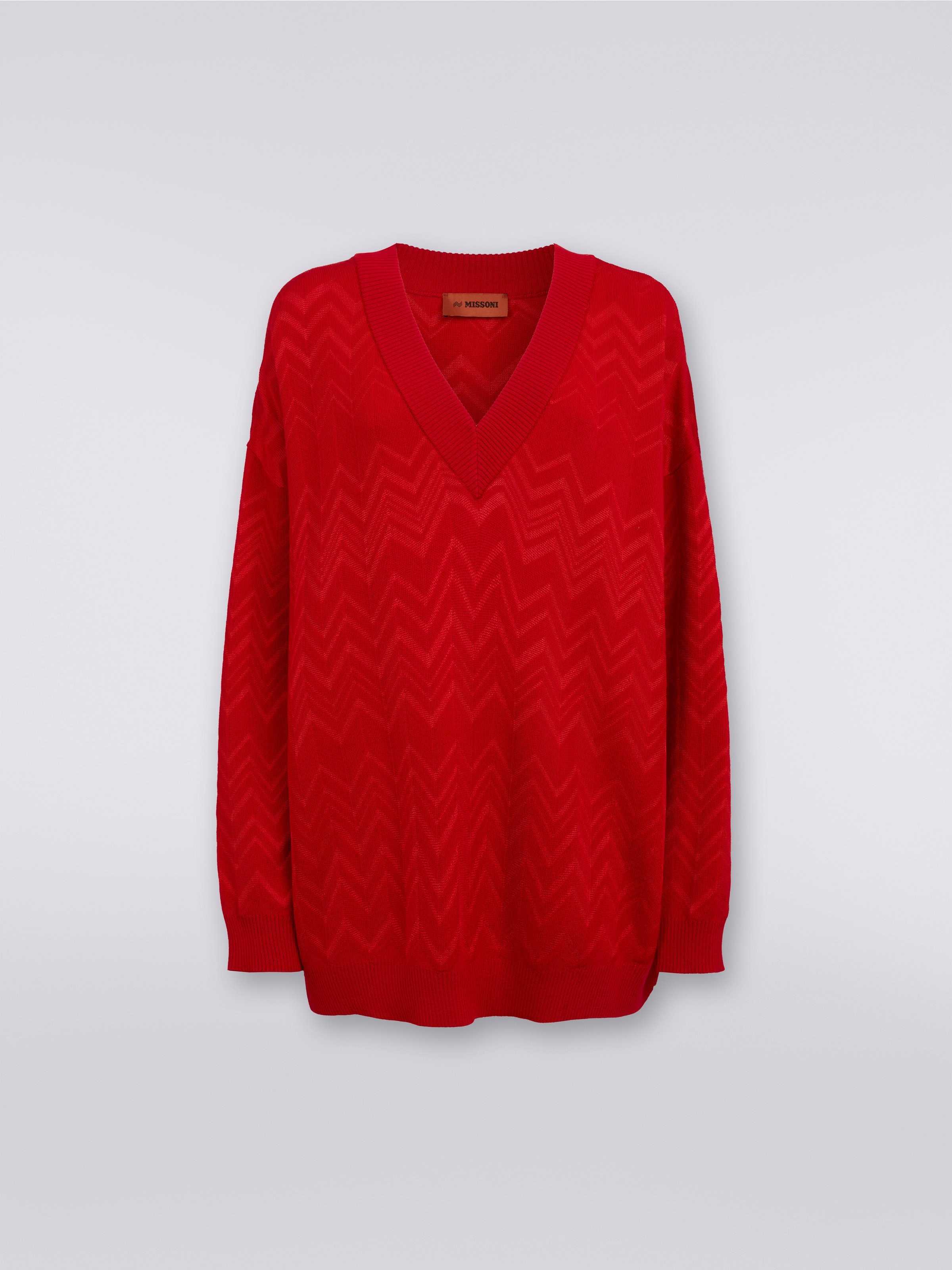 Wool and viscose chevron V-neckline pullover, Red  - 0