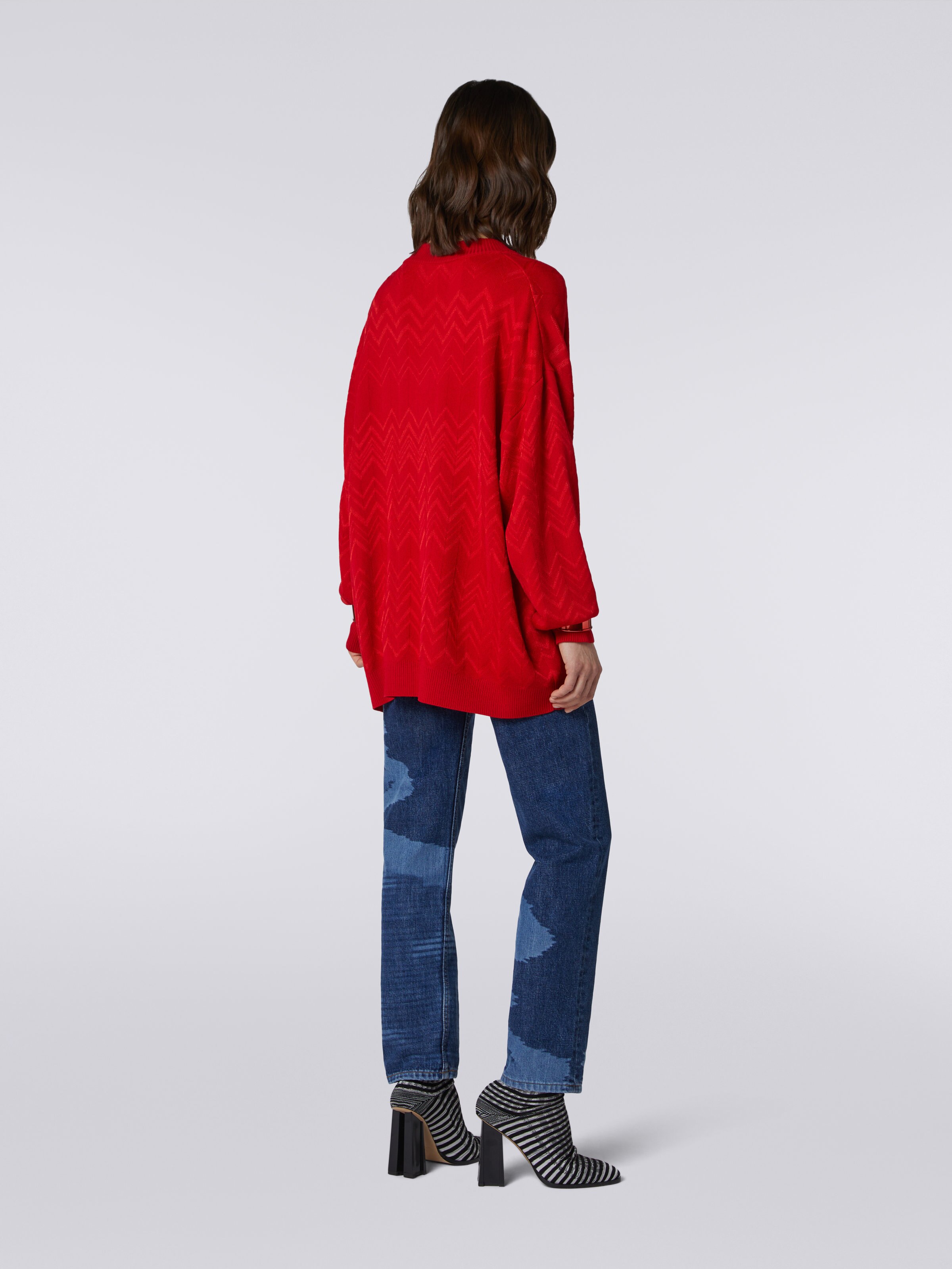 Wool and viscose chevron V-neckline pullover, Red  - 3