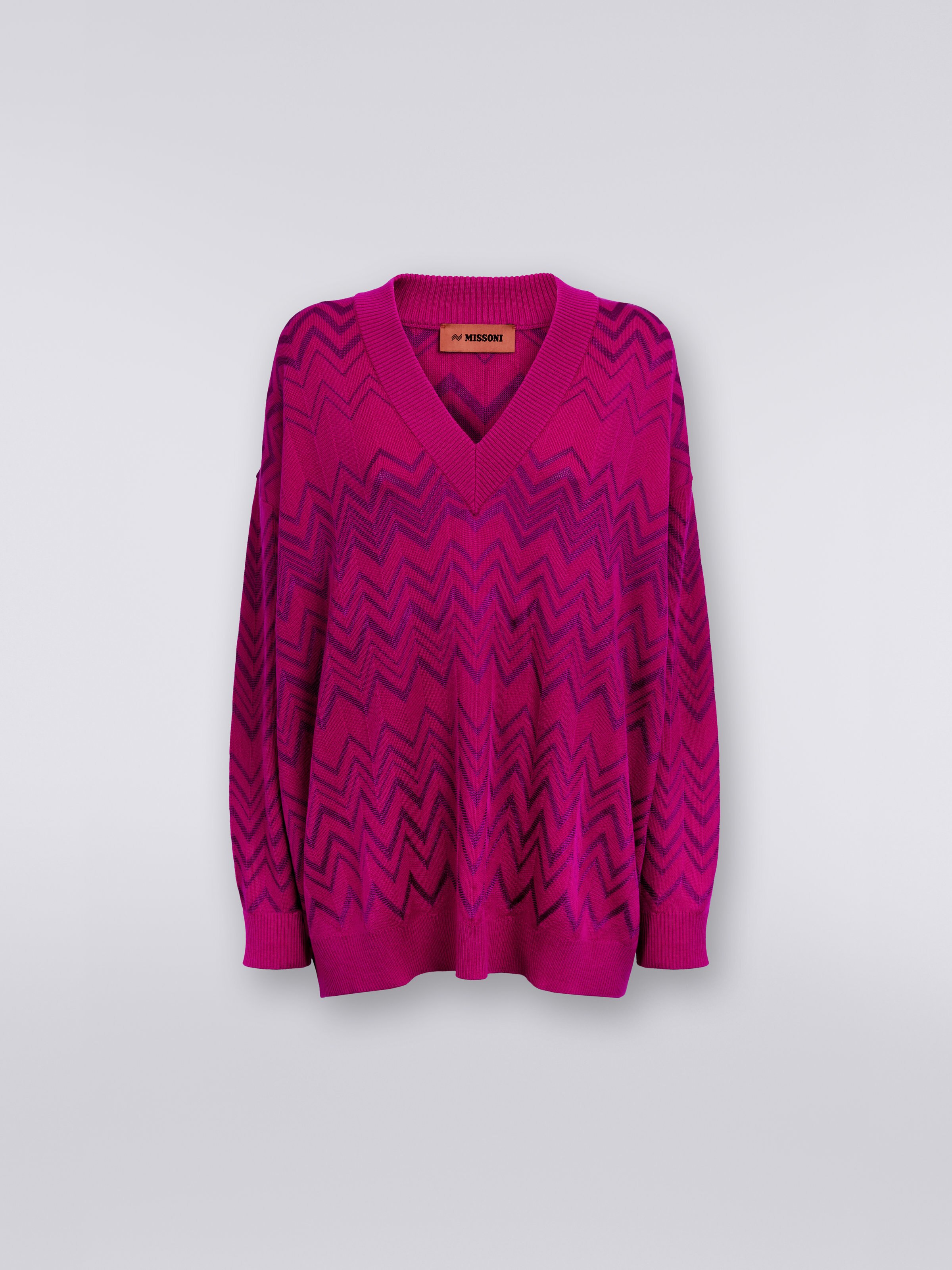 Wool and viscose chevron V-neckline pullover , Purple  - 0