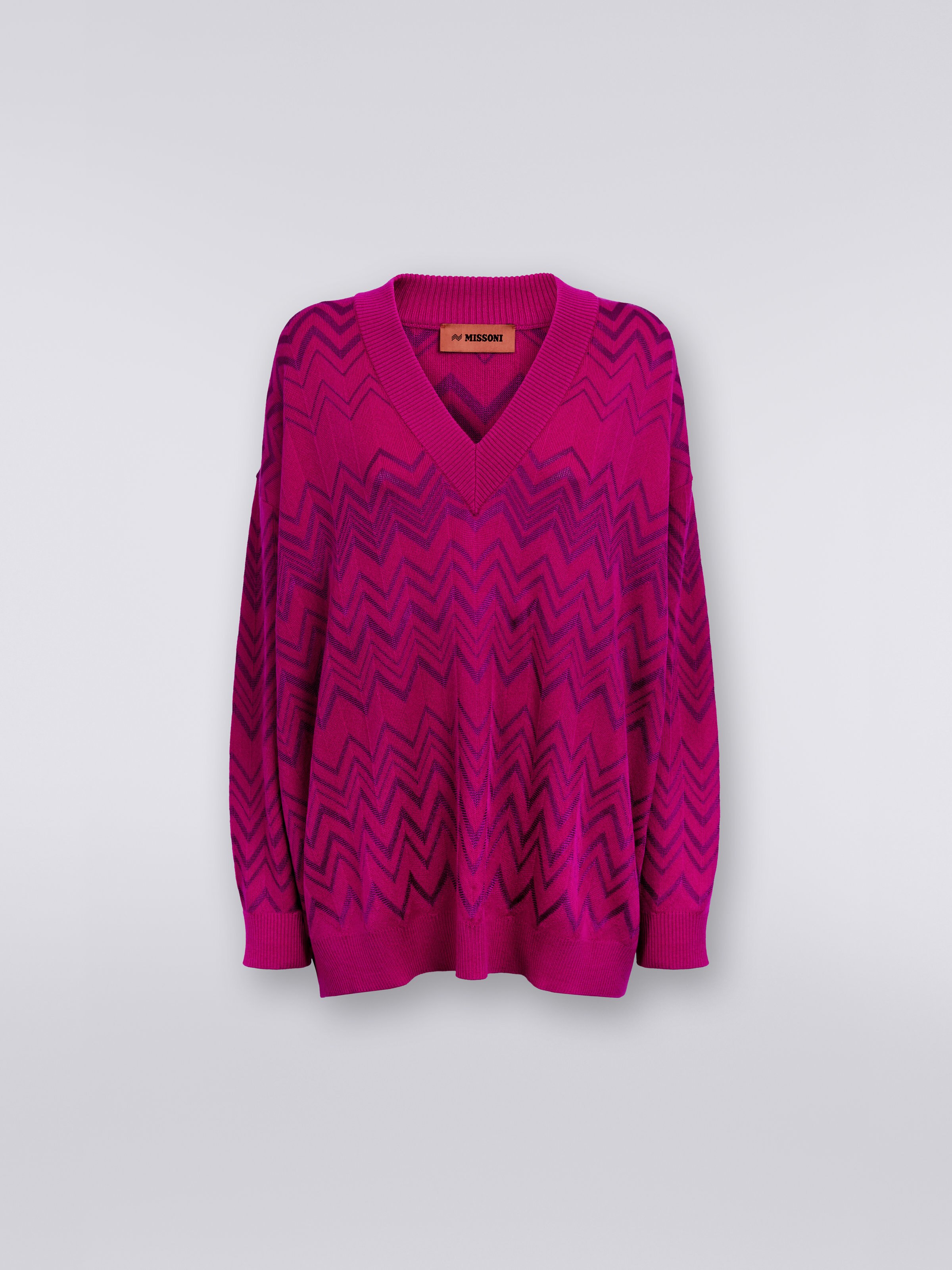 Wool and viscose chevron V-neckline pullover, Purple  - 0
