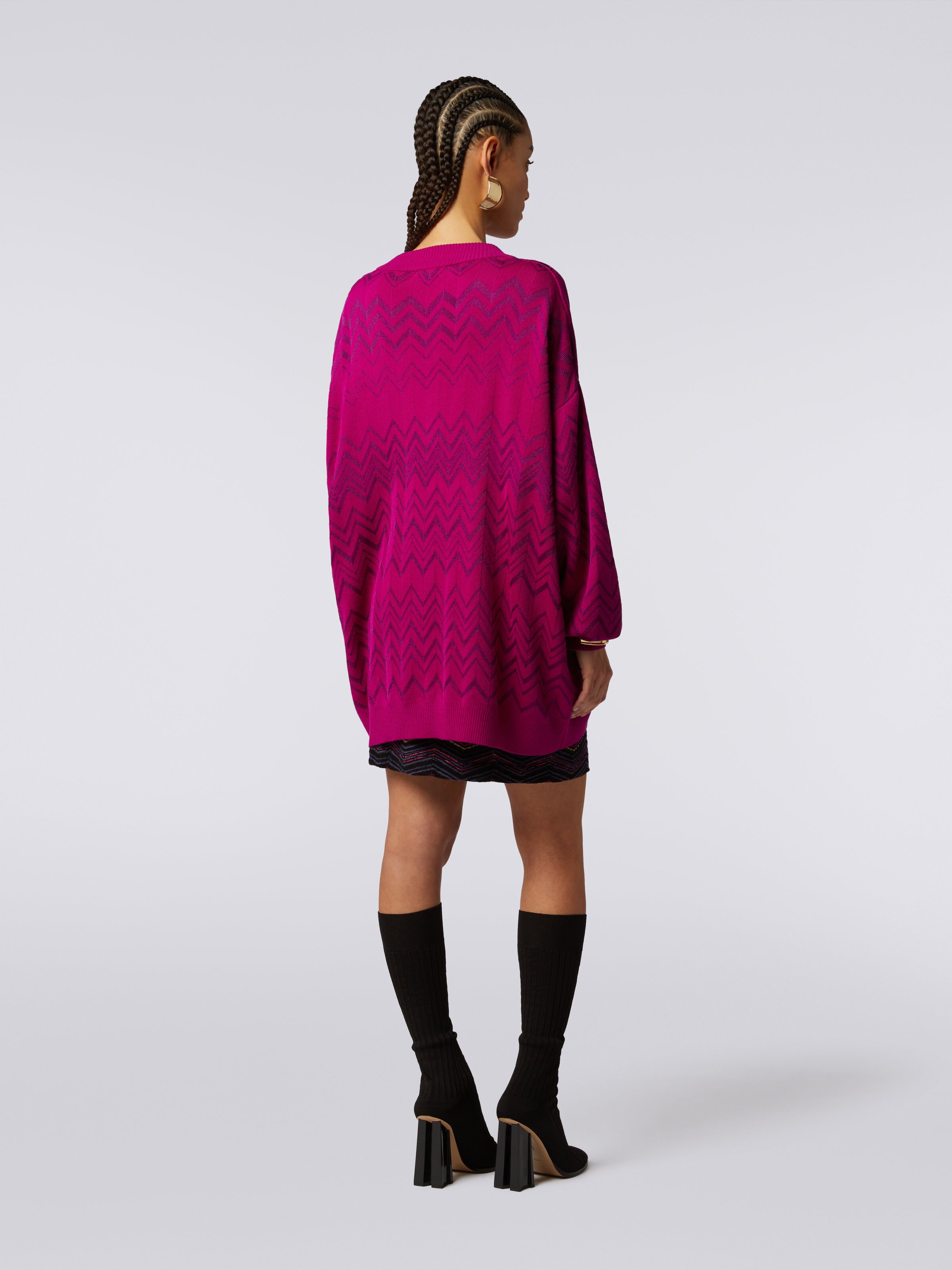 Wool and viscose chevron V-neckline pullover, Purple  - 3