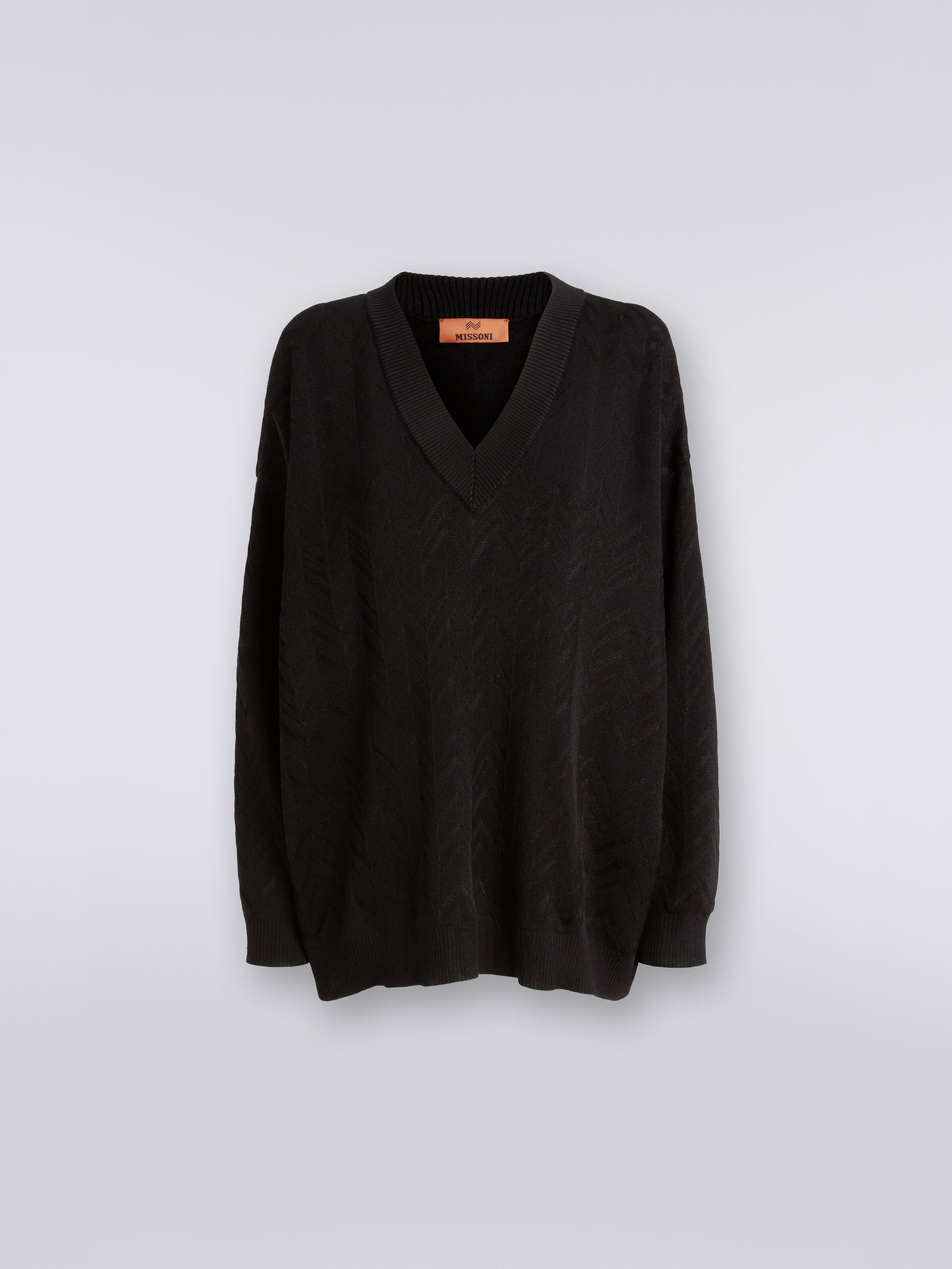Wool and viscose chevron V-neckline pullover , Black    - 0