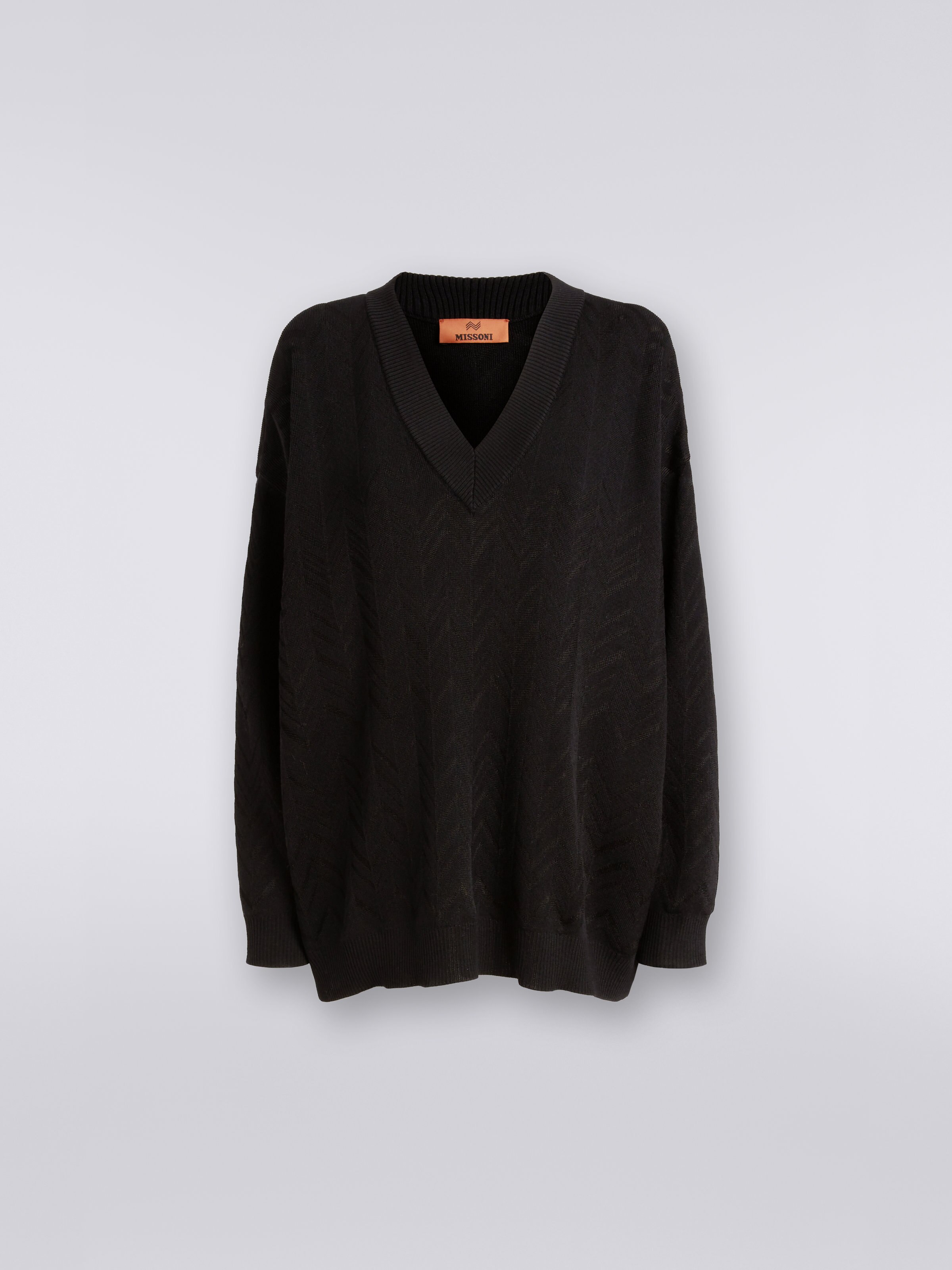 Wool and viscose chevron V-neckline pullover, Black    - 0