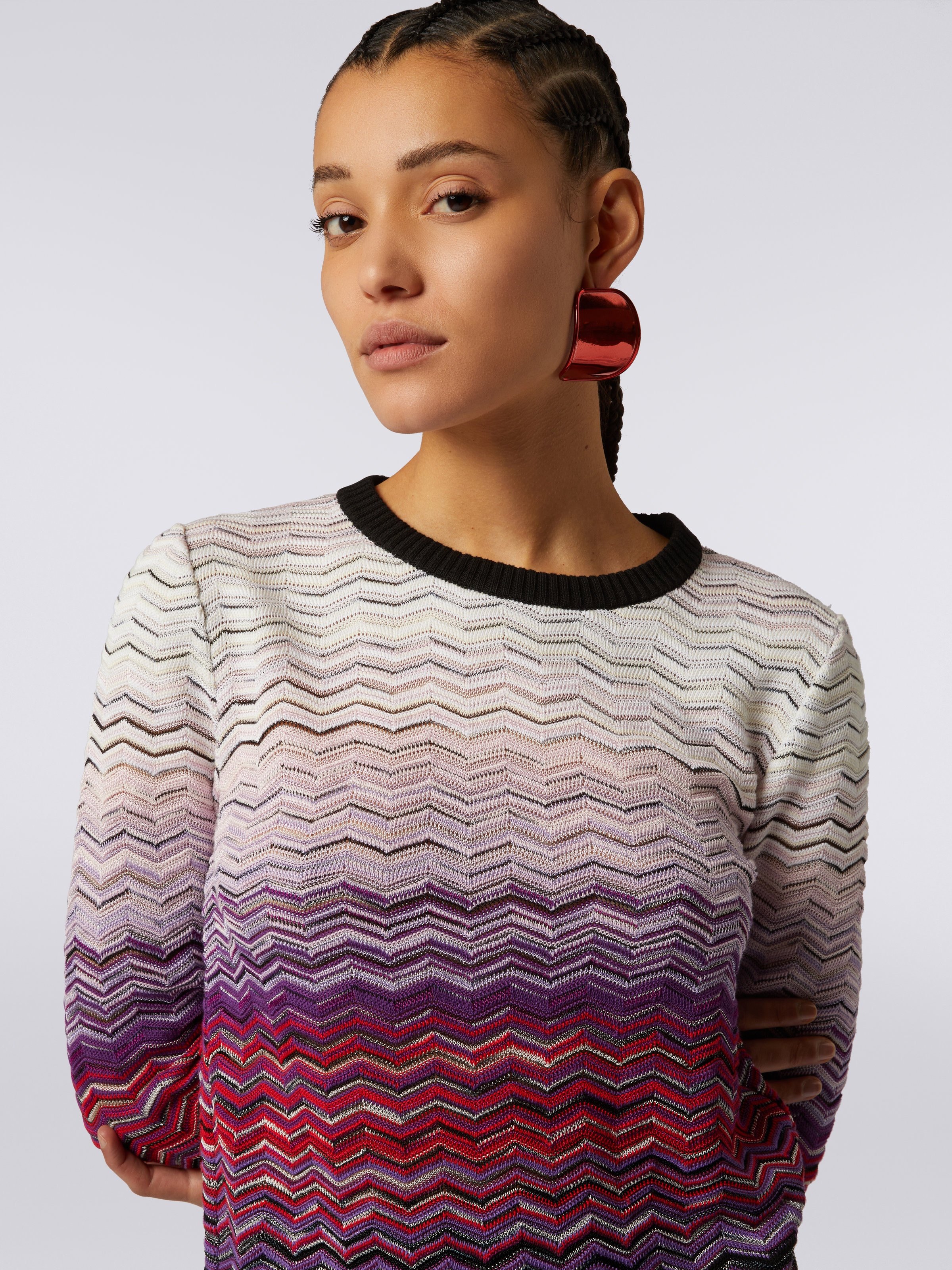 Pullover girocollo in cotone e viscosa chevron, Multicolore  - 4