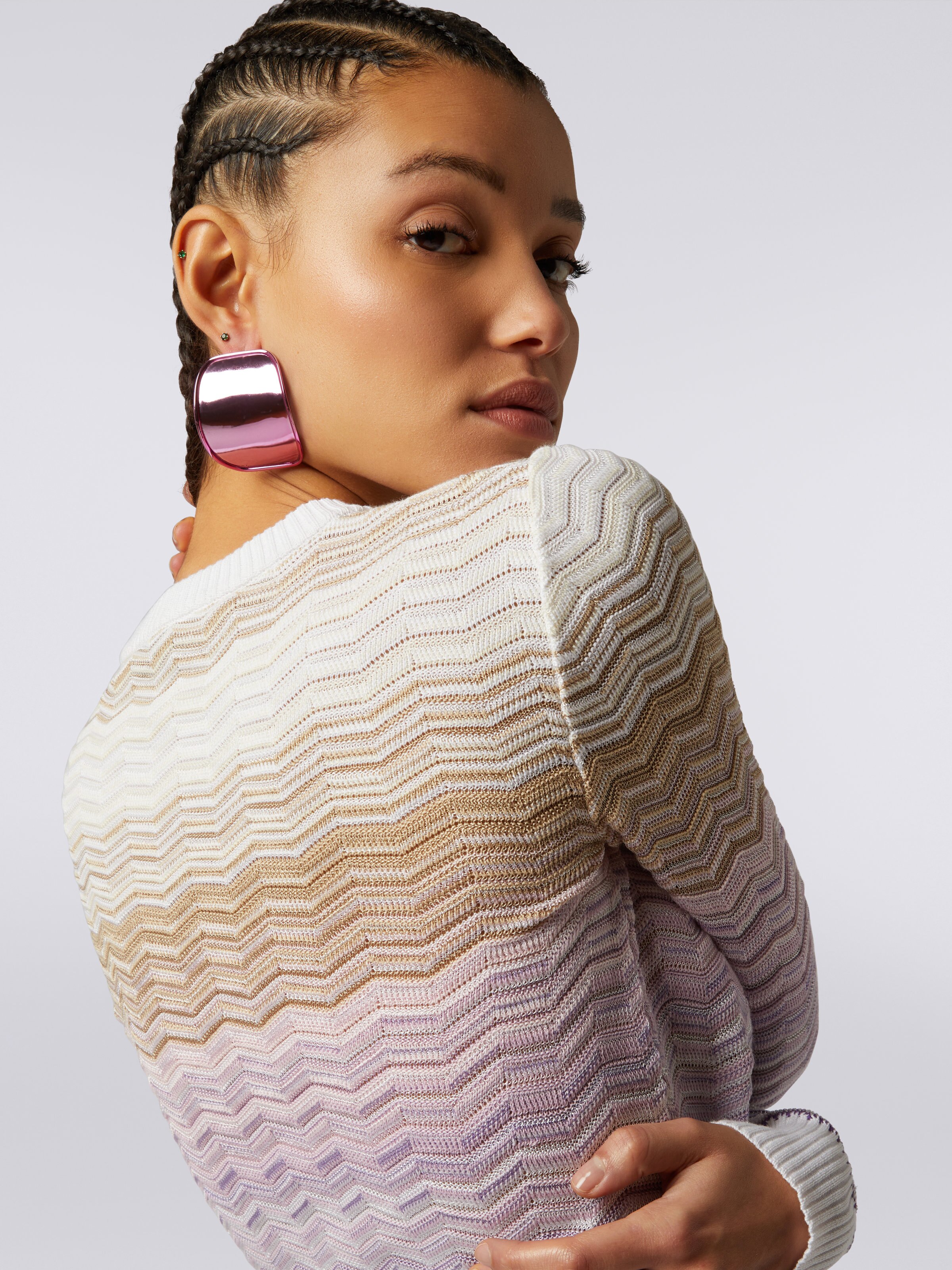 Pullover girocollo in cotone e viscosa chevron, Multicolore  - 4