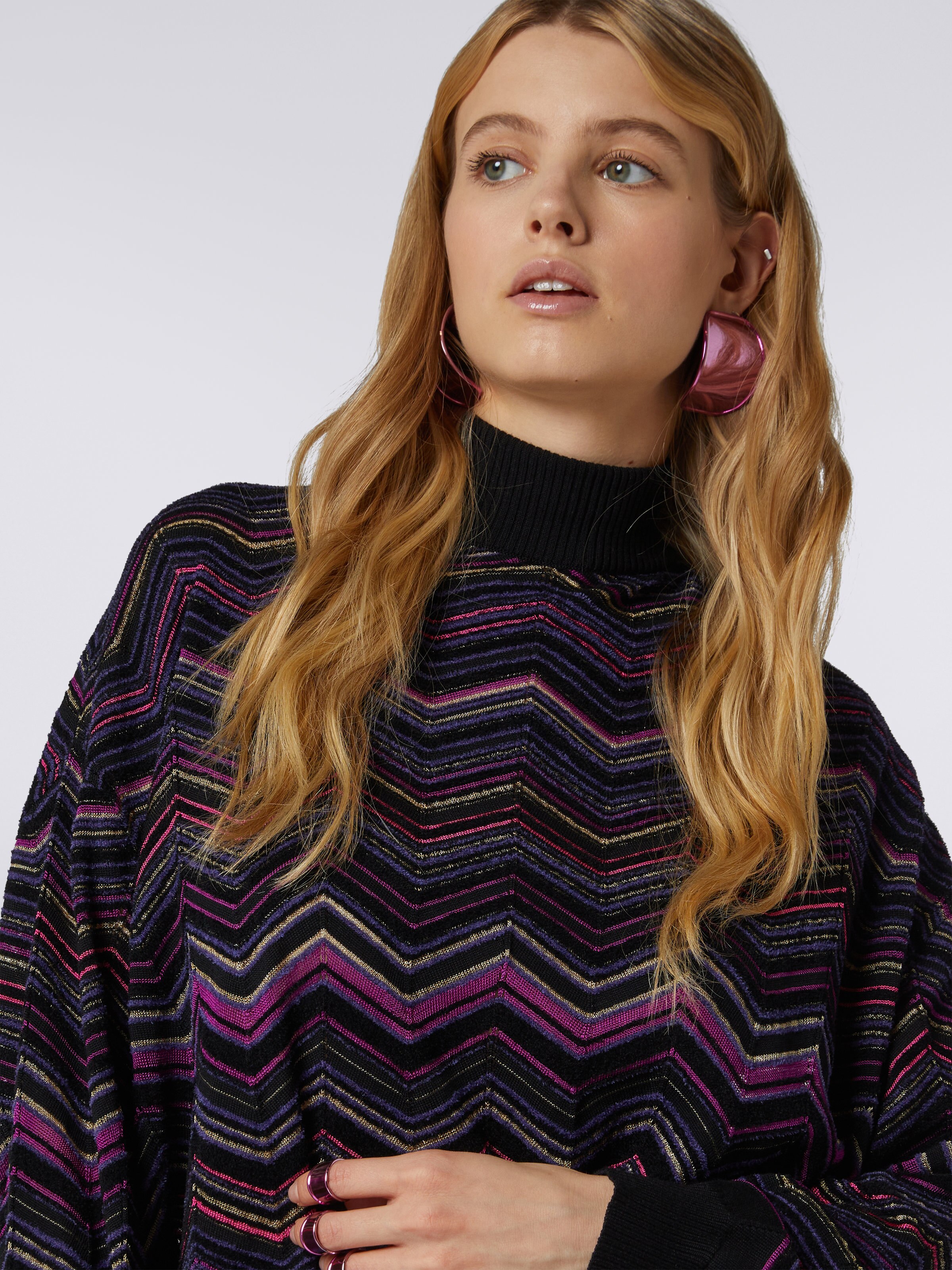 Maglione oversize in lana e viscosa chevron, Multicolore  - 4