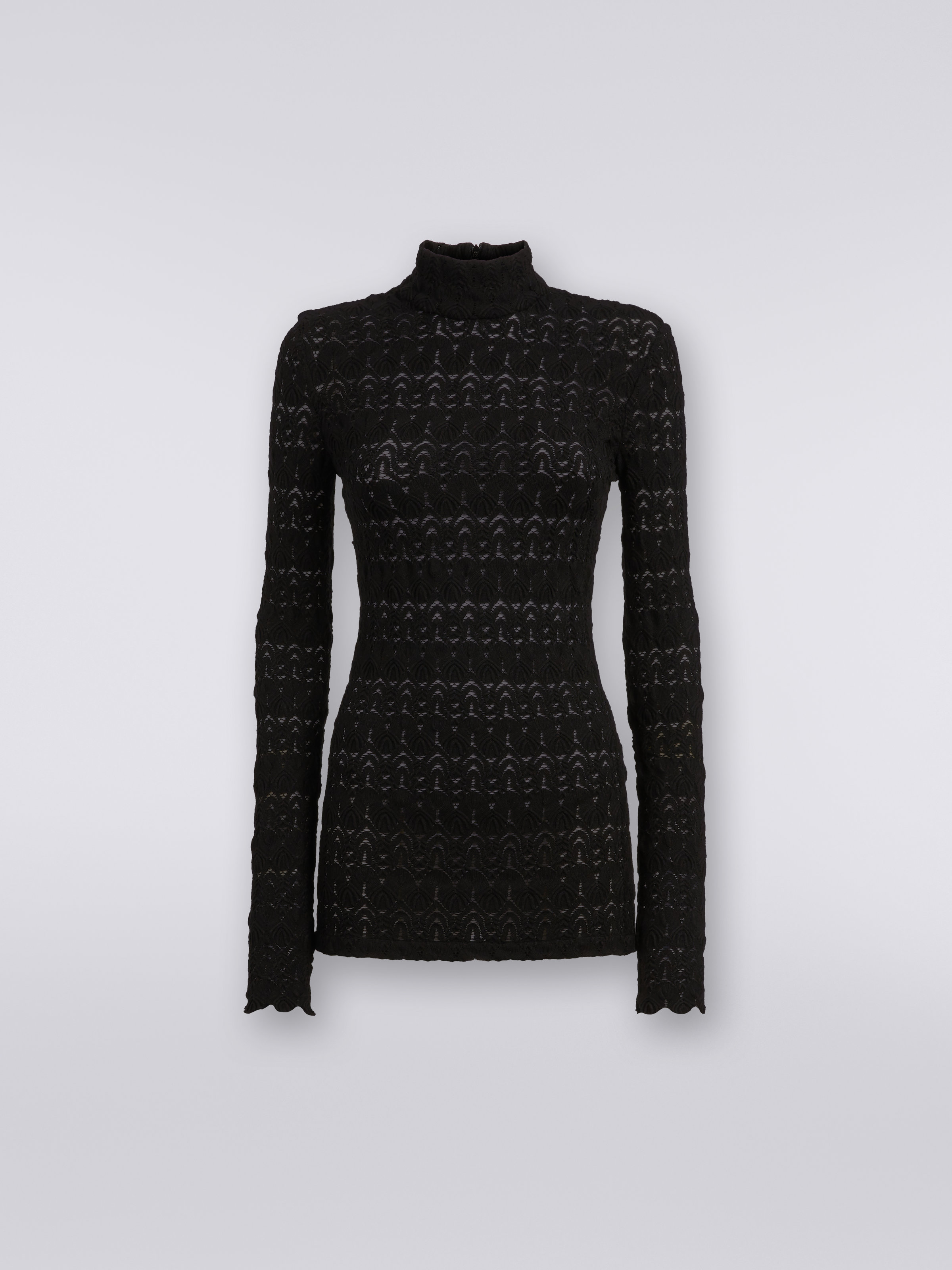 Lace-effect viscose blend high-neck pullover, Black    - 0